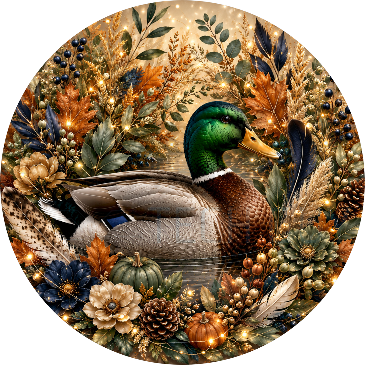 Round wreath sign in navy and gold coated aluminum showing a mallard duck with autumn foliage, pumpkins, navy flowers and feathers