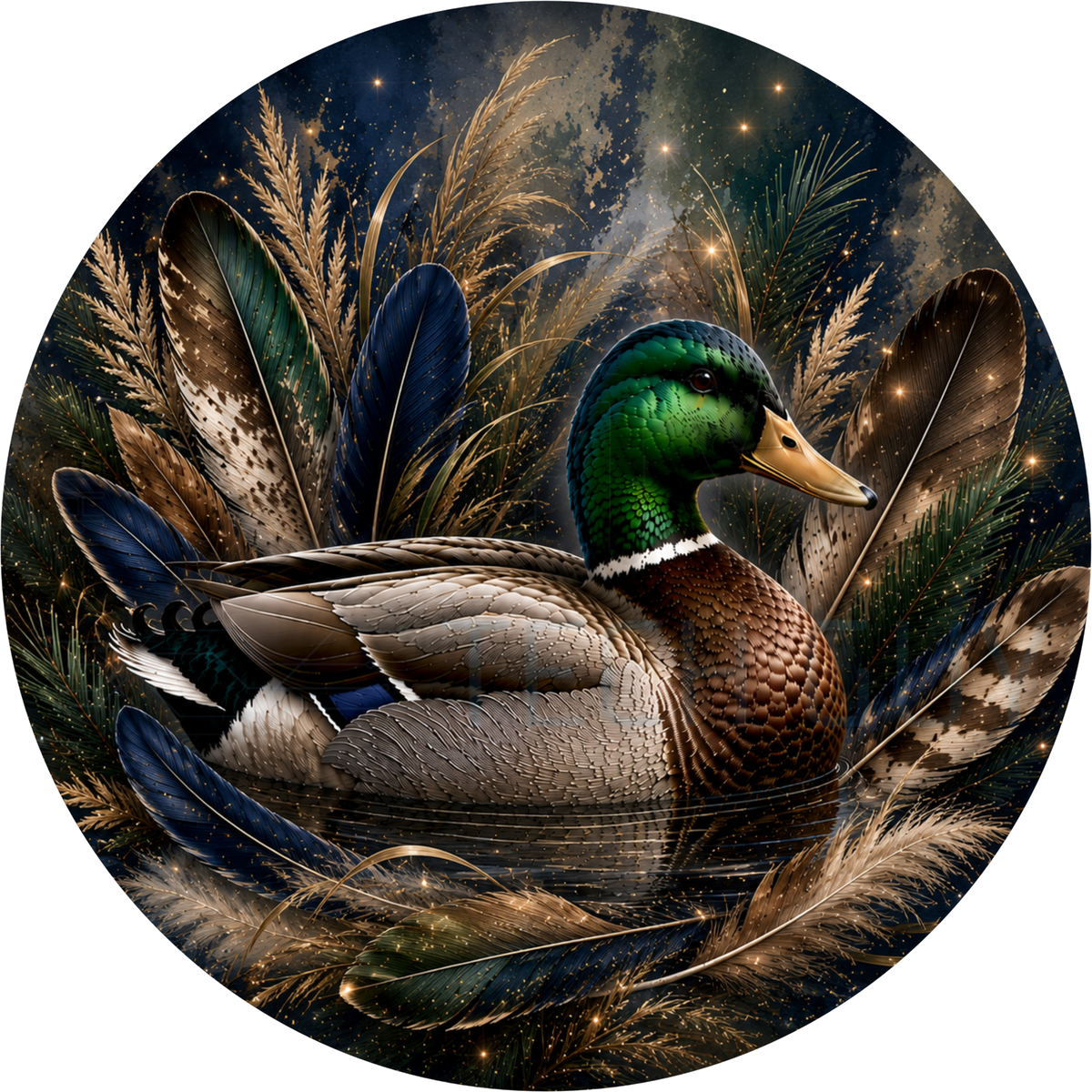 Round wreath sign in gold and black coated aluminum showing a mallard duck with gold pampas grass and feathers on a dark starry background