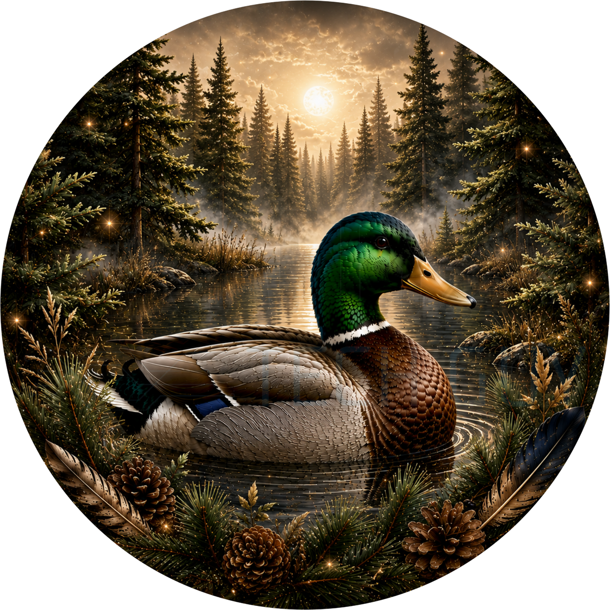 Round wreath sign in gold and deep green coated aluminum showing a mallard duck on a misty forest lake with a golden moon behind pine trees