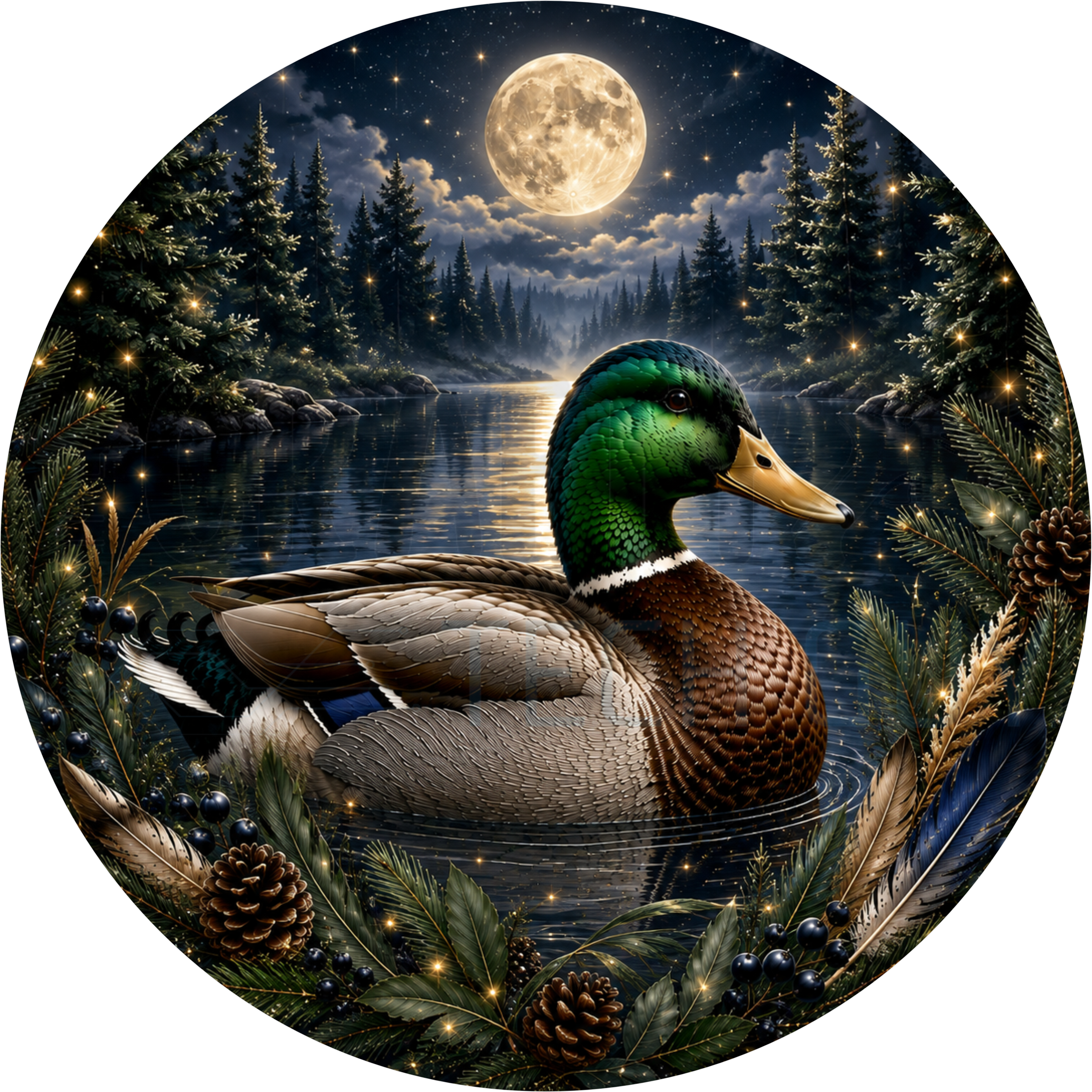 Round wreath sign in navy and silver coated aluminum showing a mallard duck on a moonlit lake with pine trees, navy berries and pinecones