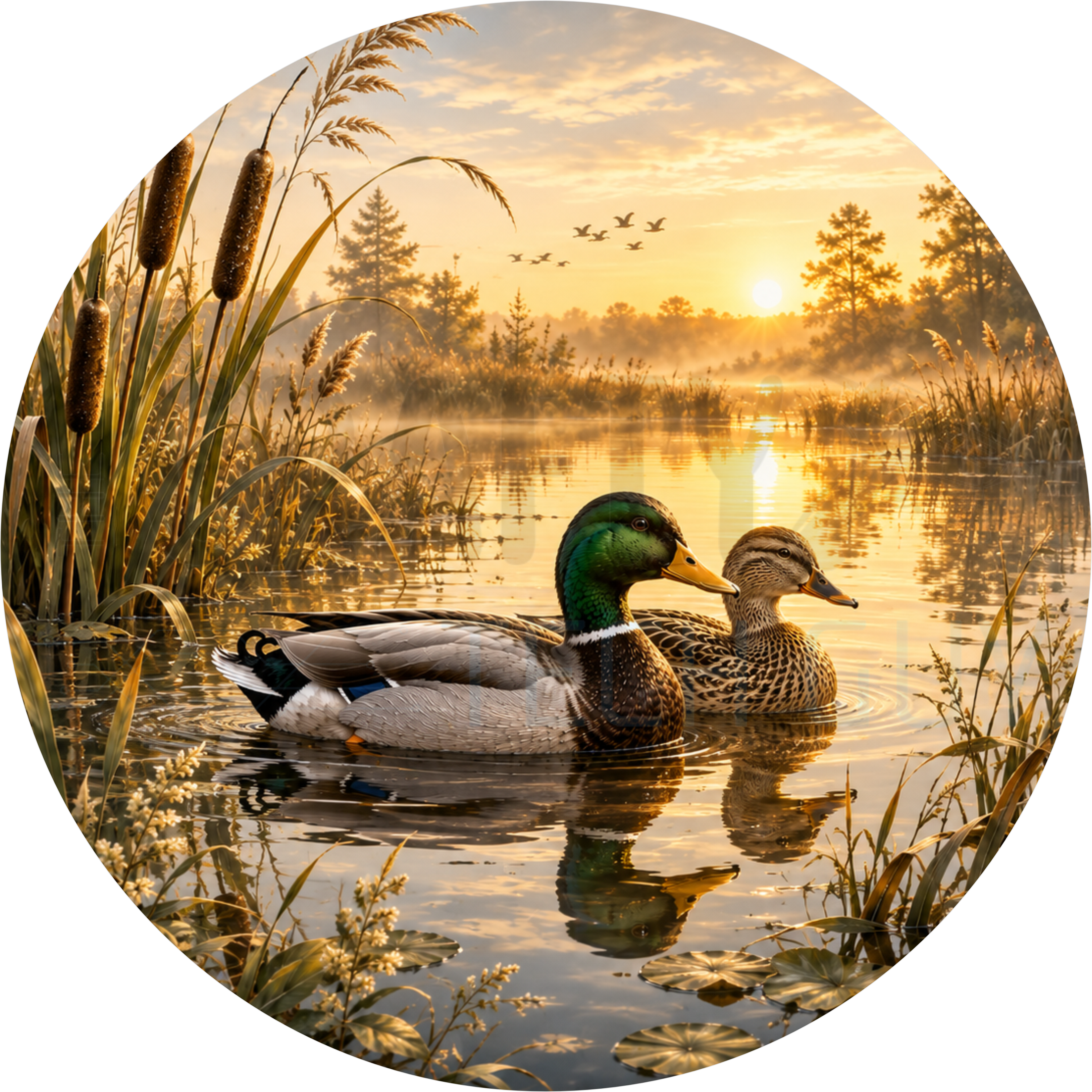 Round wreath sign in gold and green coated aluminum showing a mallard drake and hen swimming on a calm lake at sunrise with marsh grasses behind