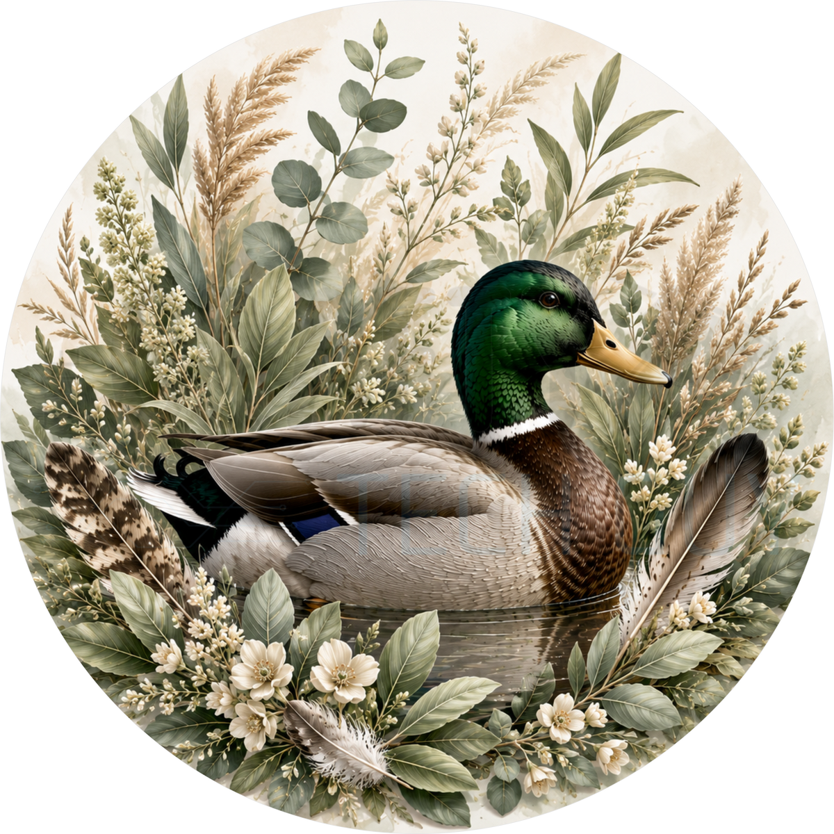 Round wreath sign in sage and cream coated aluminum showing a mallard drake among eucalyptus greenery, cream flowers and scattered feathers in watercolor