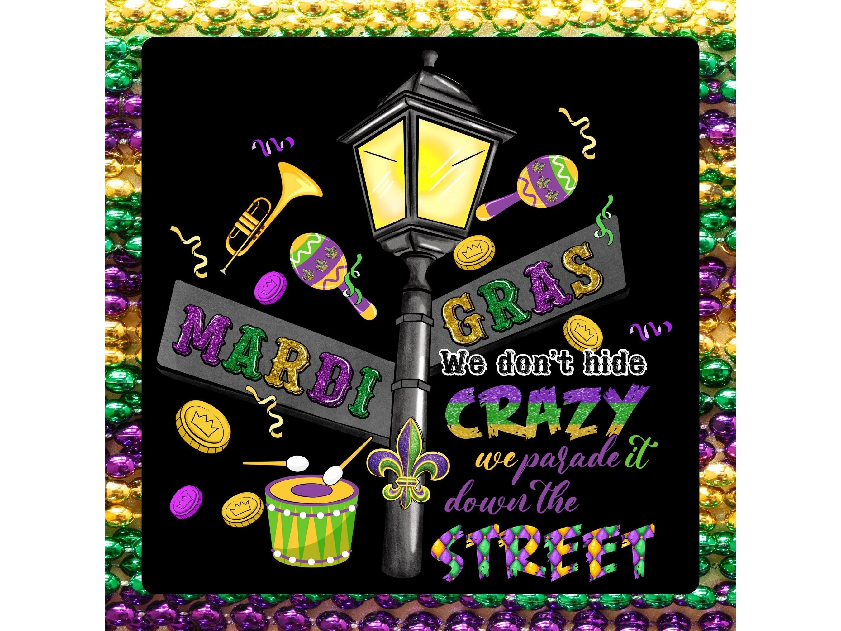 Mardi Gras beads street sign gold, green and purple wreath sign, Mardi Gras beads jazz festival sign, jazz festival parade wall art