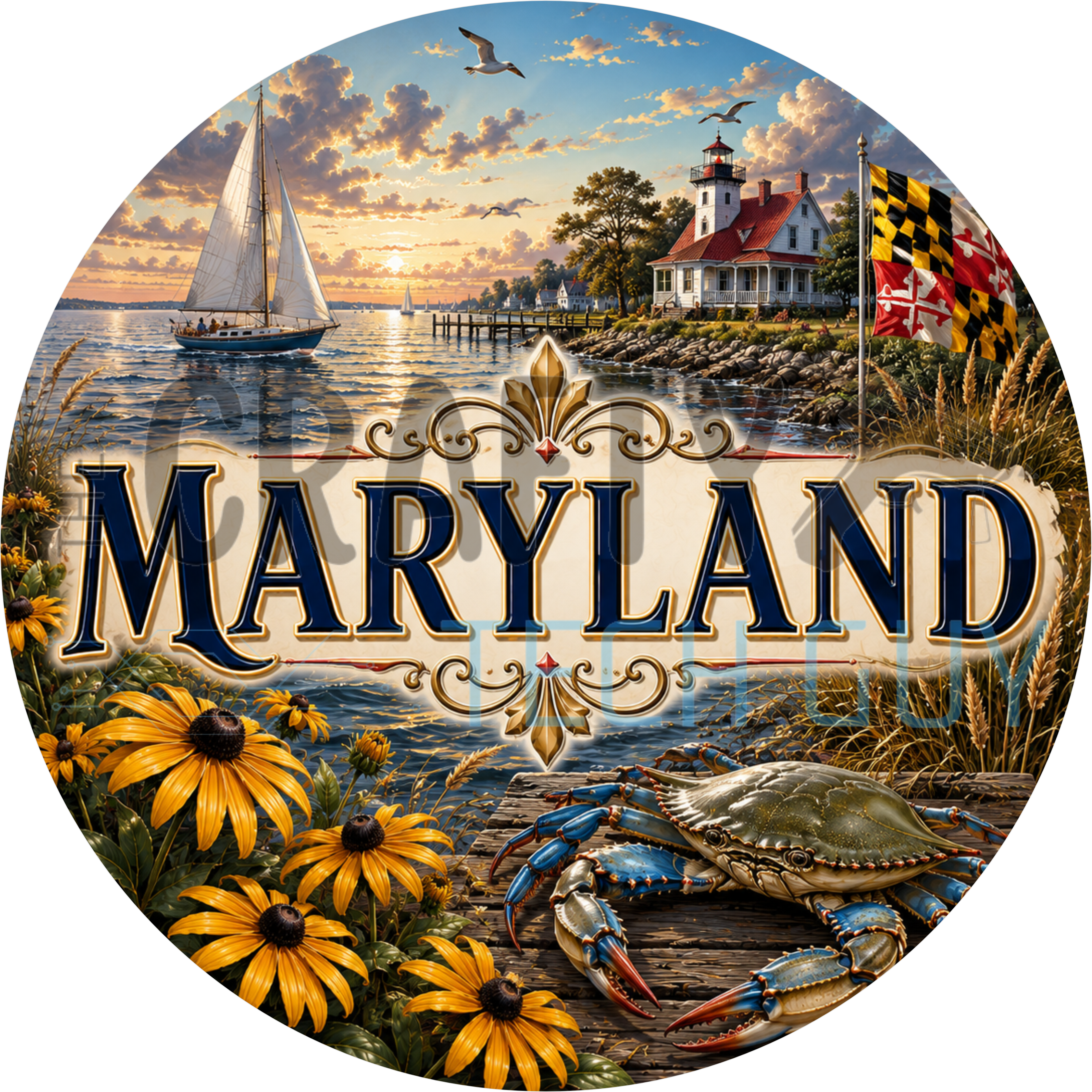 Maryland round wreath sign in coated aluminum, showing golden black-eyed Susans, a blue crab and a bay lighthouse