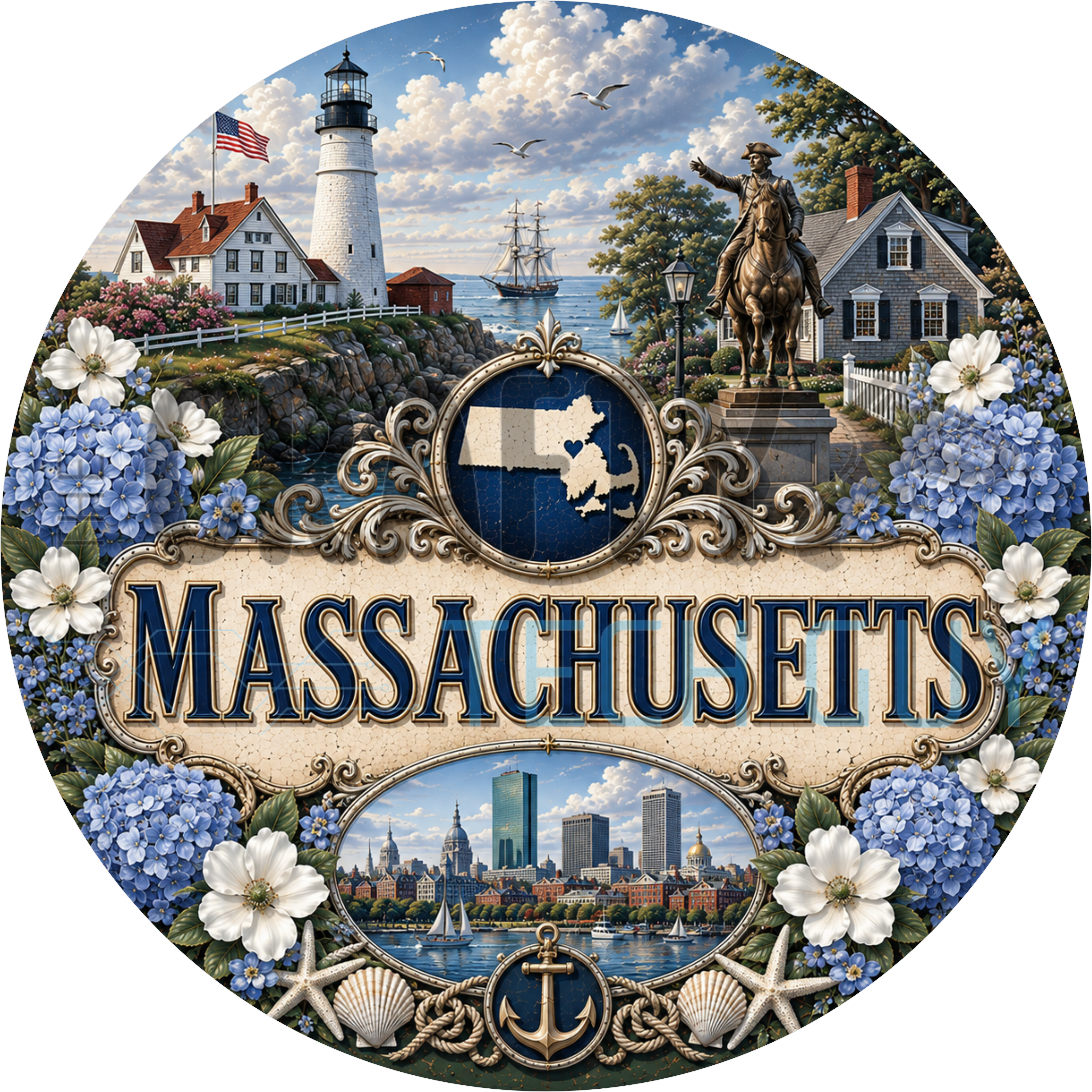 Massachusetts round wreath sign in coated aluminum, showing blue hydrangeas, a Cape Cod lighthouse, Paul Revere and the Boston skyline