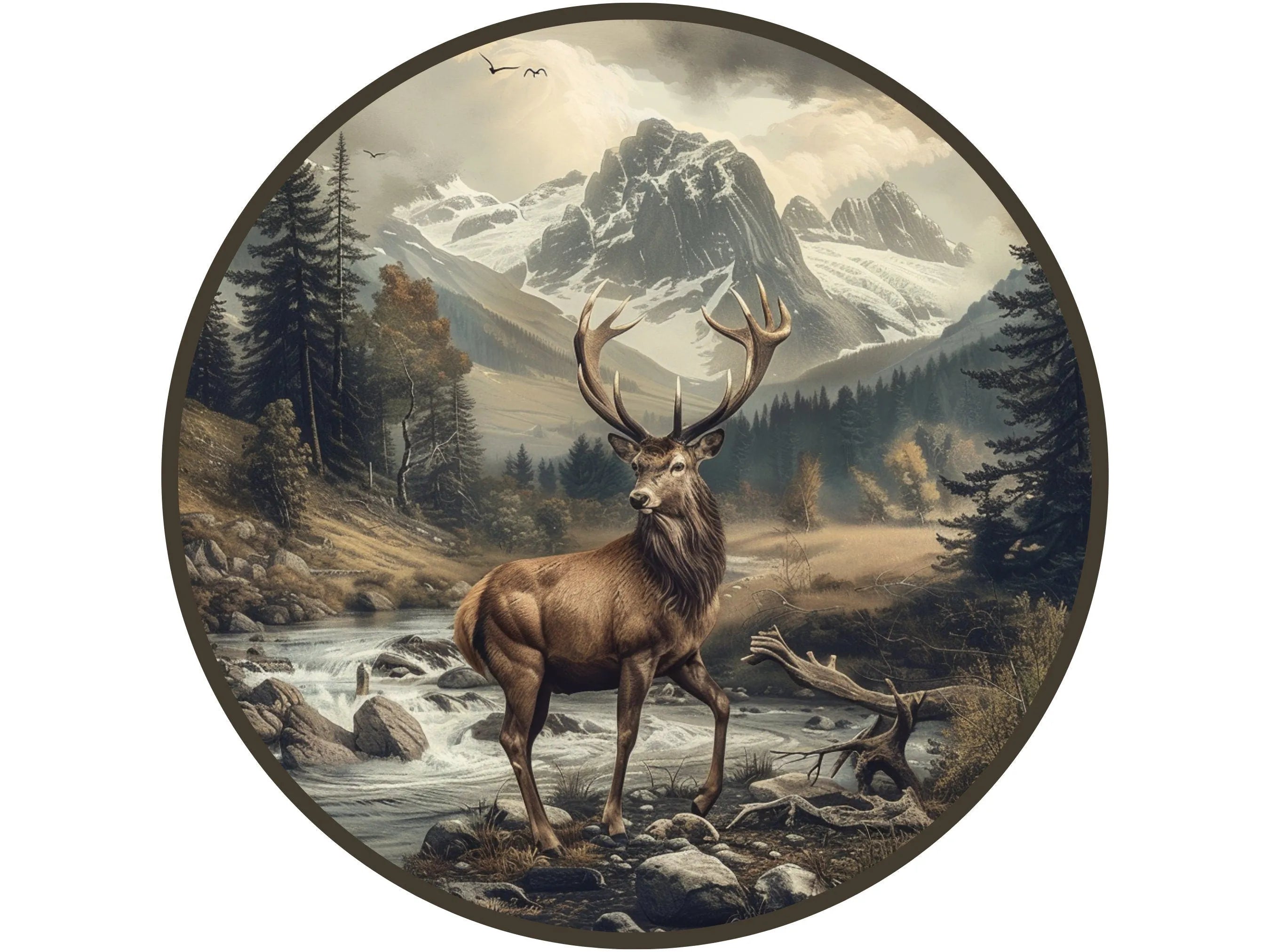 mature male deer buck standing by a river in front of mountains wreath sign, deer in wilderness scene wreath attachment