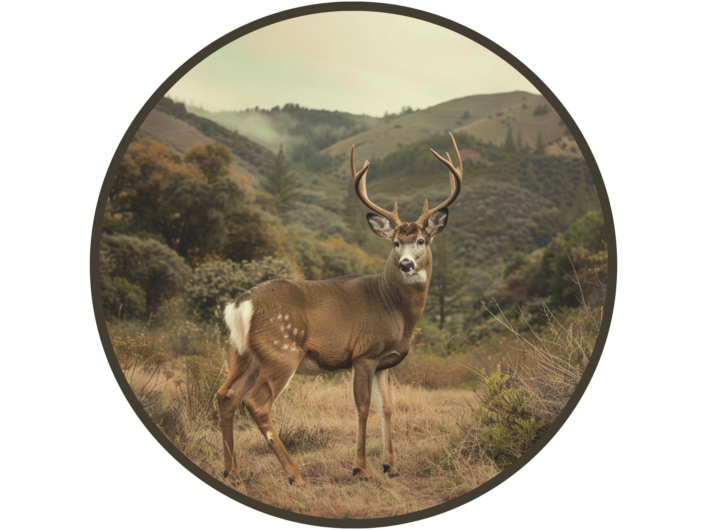 mature male deer buck standing in a field metal wreath sign, deer in front of hills wreath attachment, wildlife decor for front porch