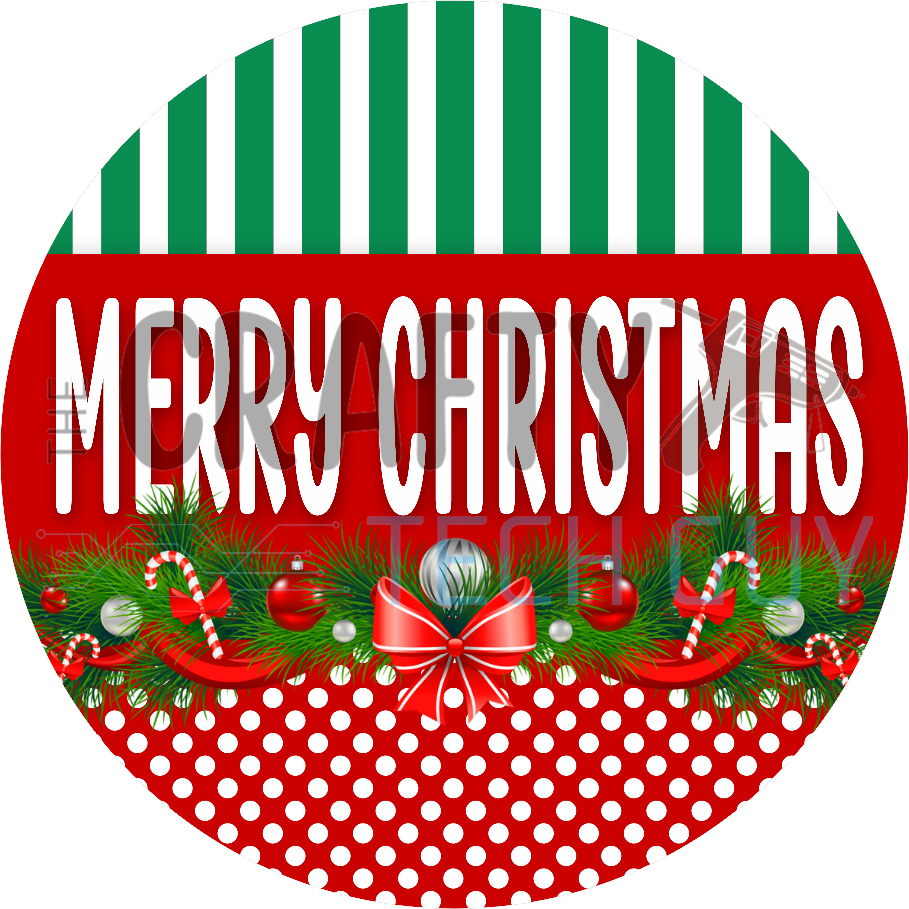 Merry Christmas round sign with white lettering on red band, candy cane garland, green stripes and red polka dots