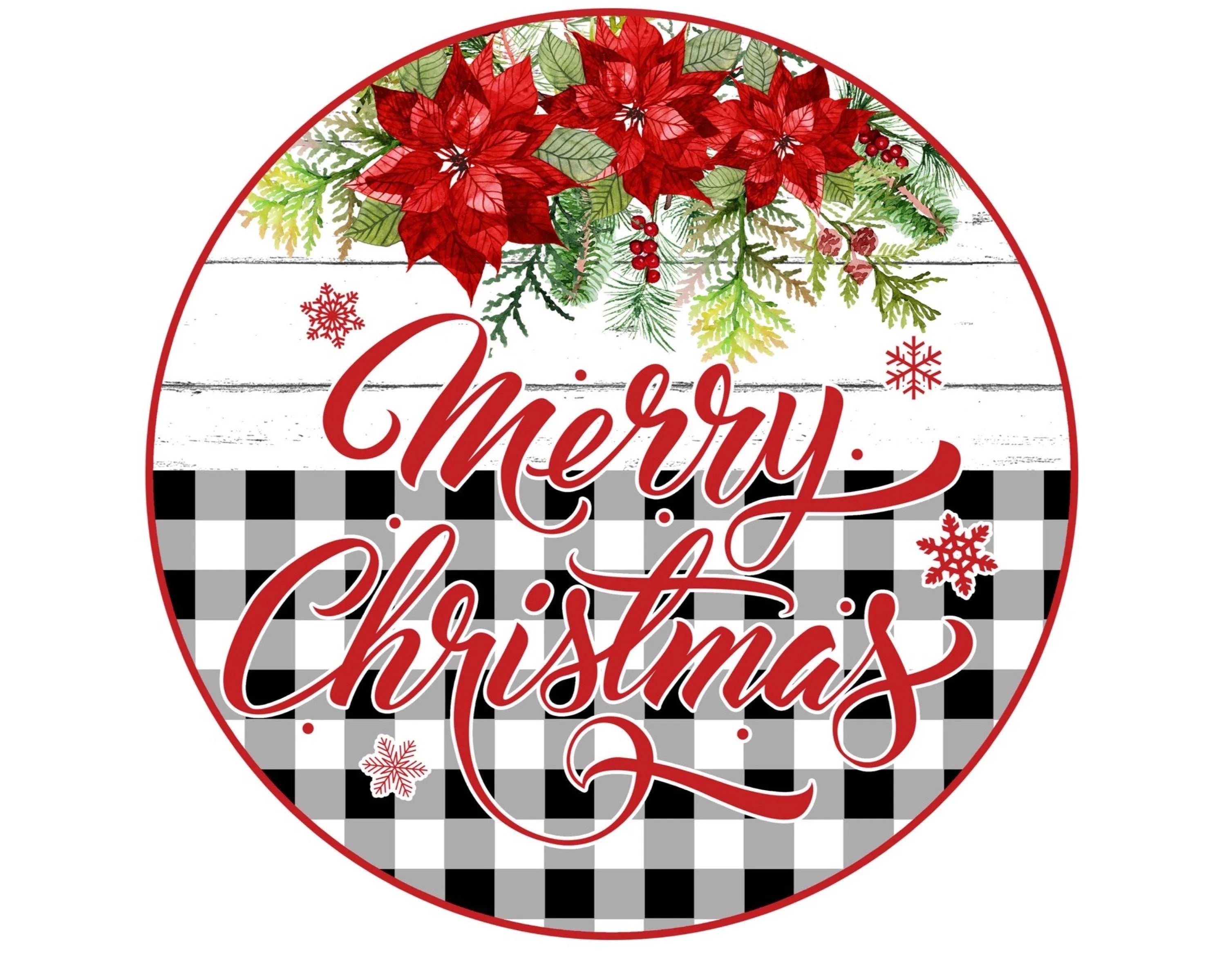 Merry Christmas Buffalo Plaid Sign, Metal Holiday Decor, Poinsettia Round Sign, Festive Door Decor