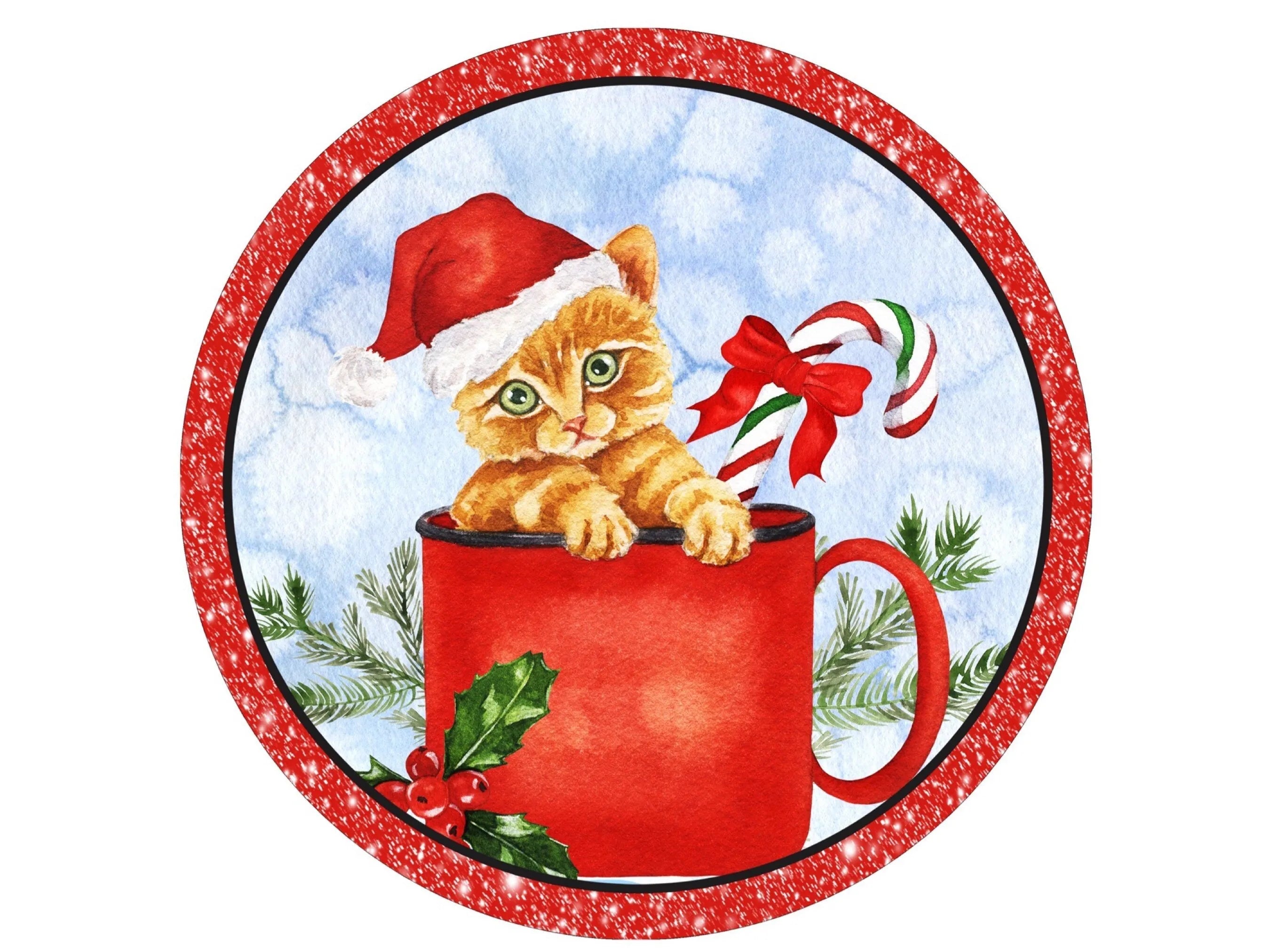 Merry Christmas Cat Sign, Metal Holiday Decor, Cute Kitten in Mug Round Sign, Festive Door Decor