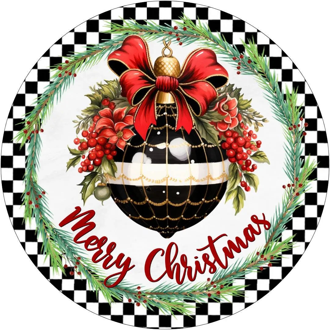 Merry Christmas Ornament Sign, Black and White Harlequin Christmas Decor, Festive Holiday Wall Art, Christmas Ornament Wreath Sign