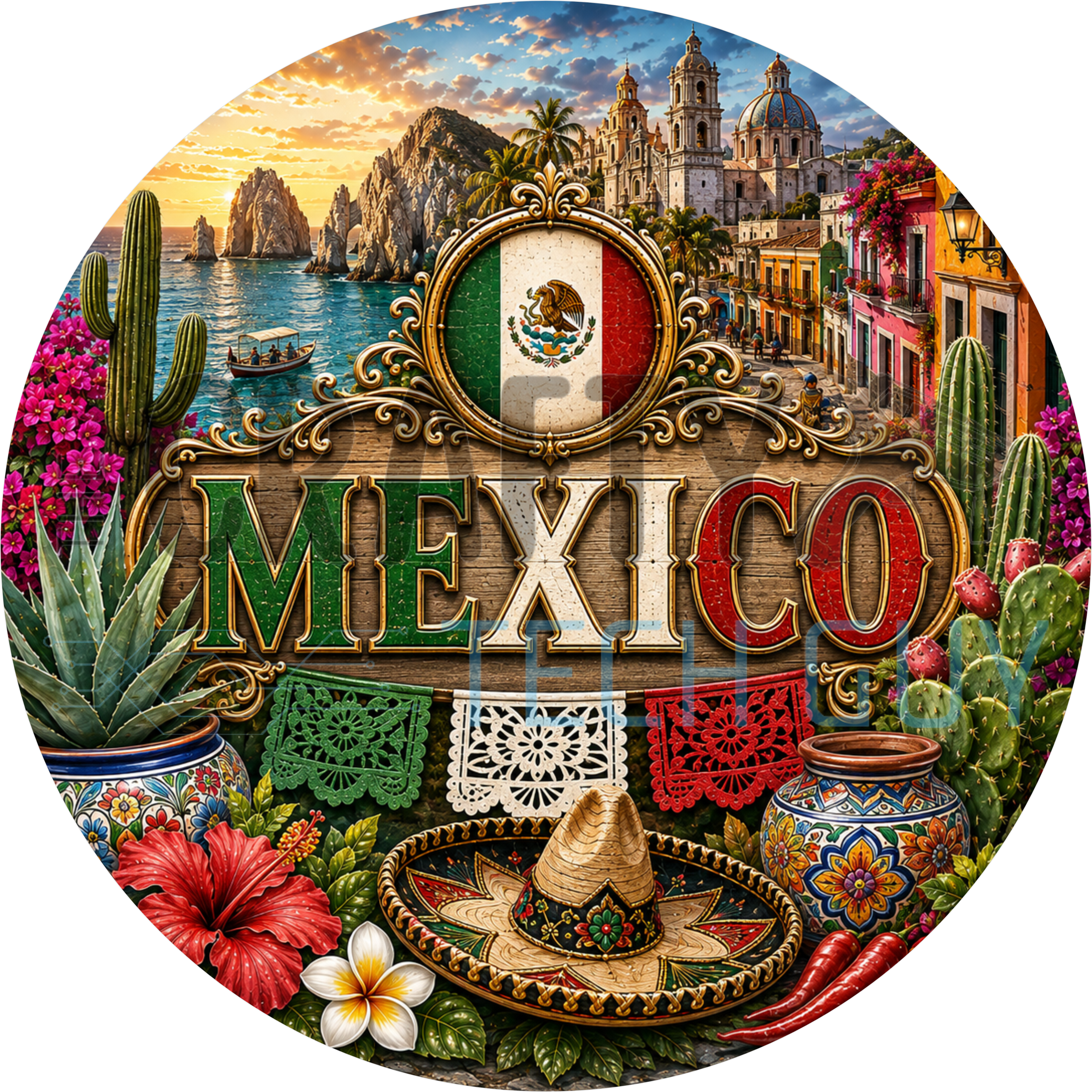 Mexico round wreath sign in coated aluminum, showing the Cabo rock arch, a colonial cathedral, a sombrero and pink hibiscus