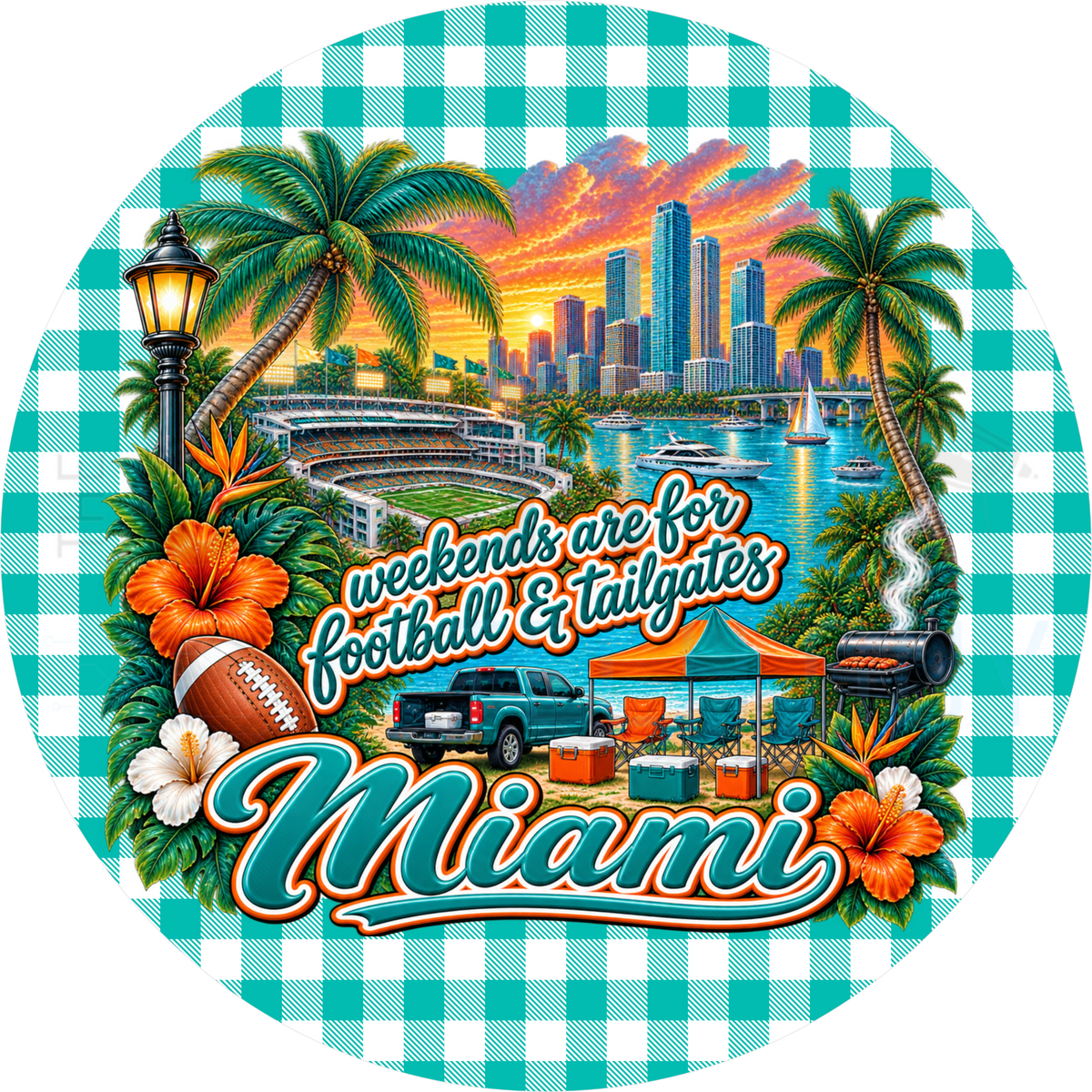 Miami football tailgate round wreath sign with teal gingham border, palm trees, skyline, stadium, Florida state outline and hibiscus flowers