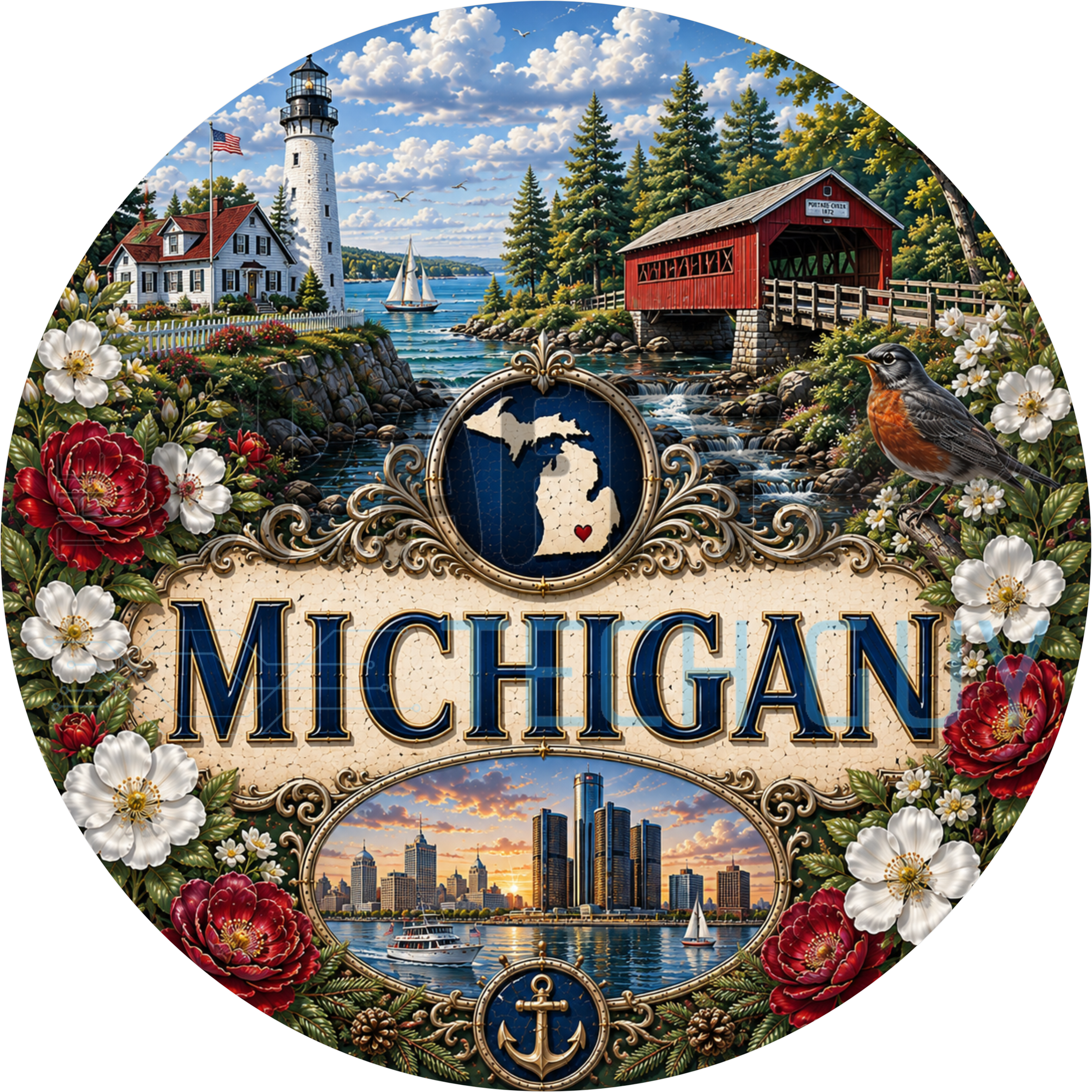 Michigan round wreath sign in coated aluminum, showing a Great Lakes lighthouse, white apple blossoms, a robin and the Detroit skyline