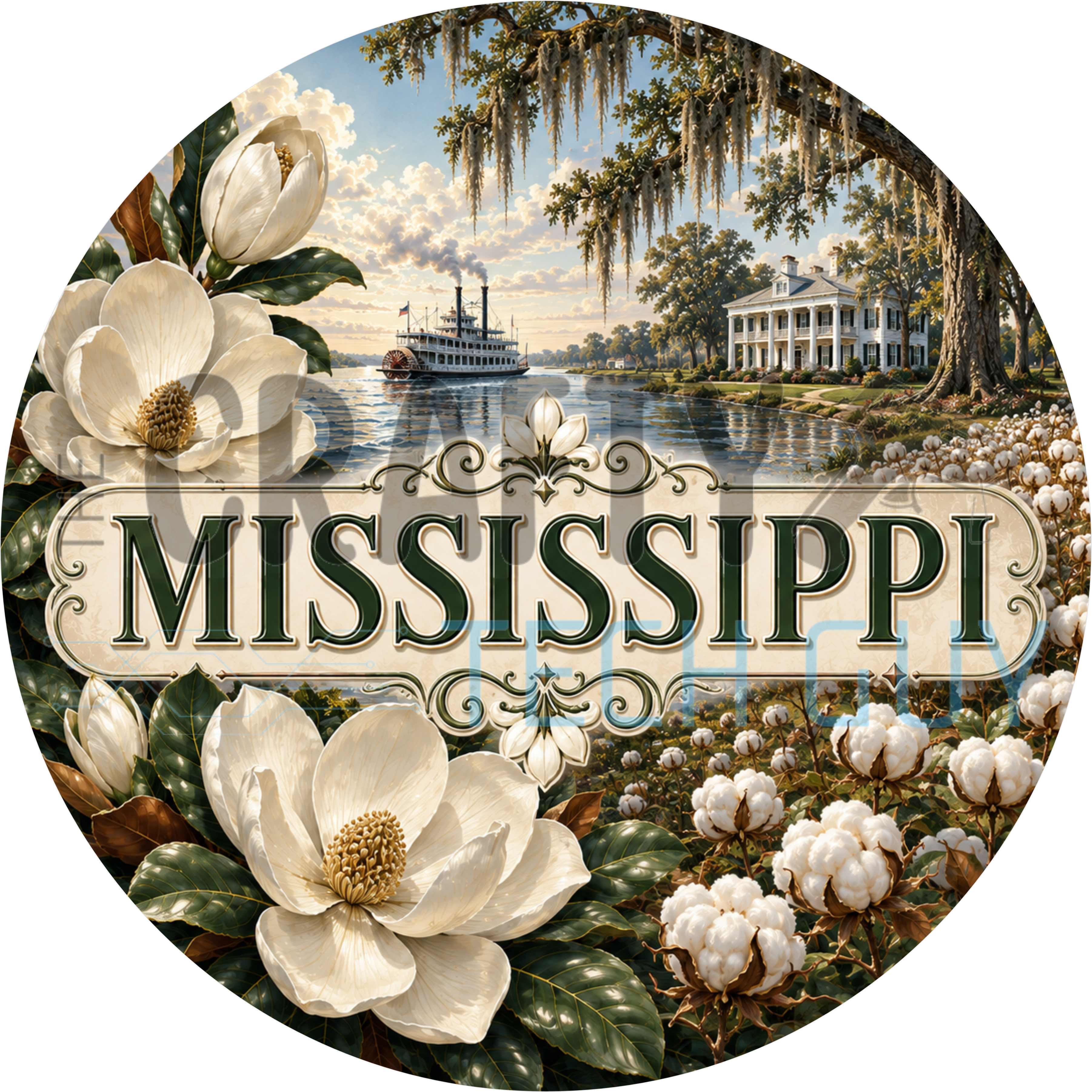 Mississippi round wreath sign in coated aluminum, showing white magnolias, open cotton bolls, a riverboat and an antebellum mansion