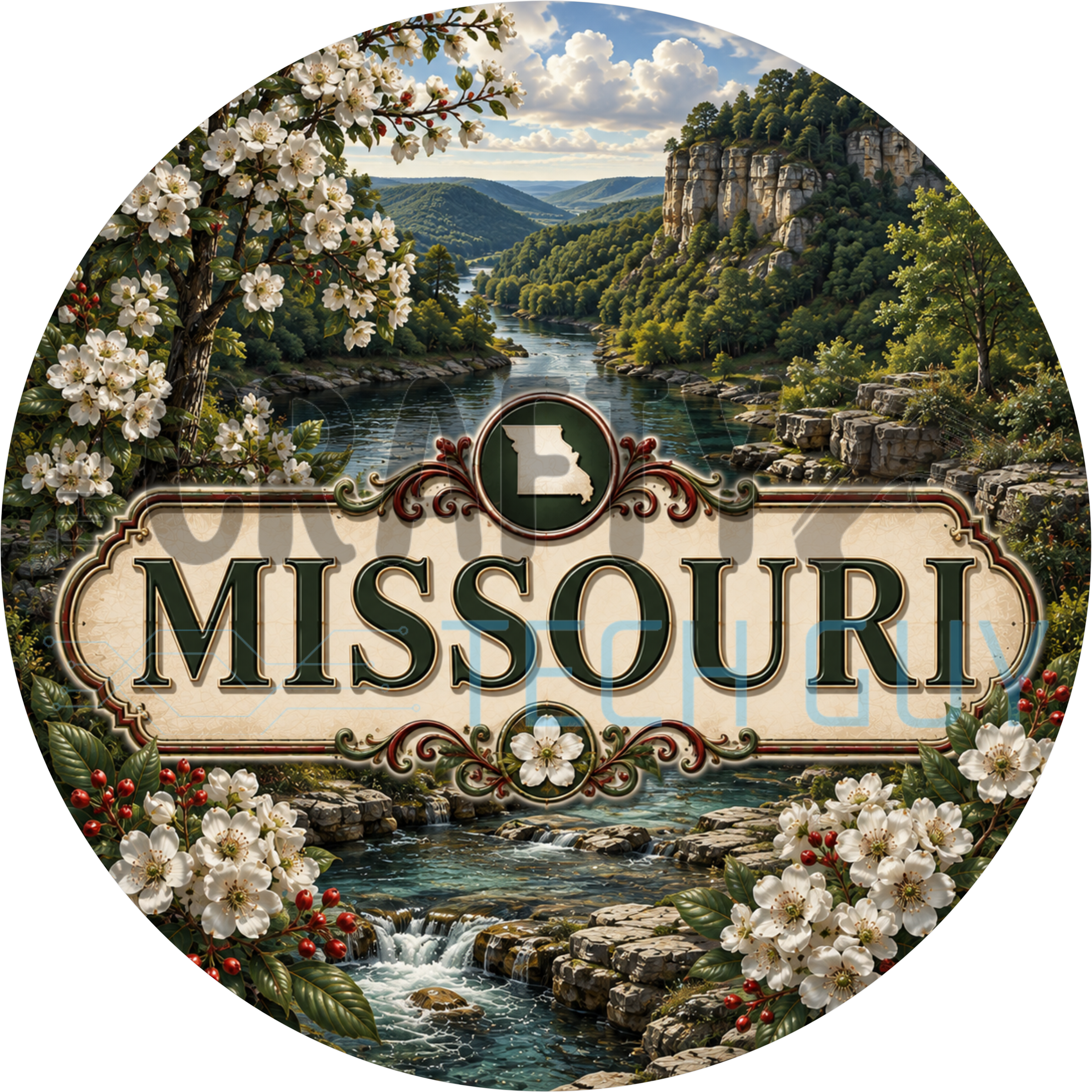 Missouri round wreath sign in coated aluminum, showing white hawthorn blossoms, limestone Ozark bluffs and a green river bend