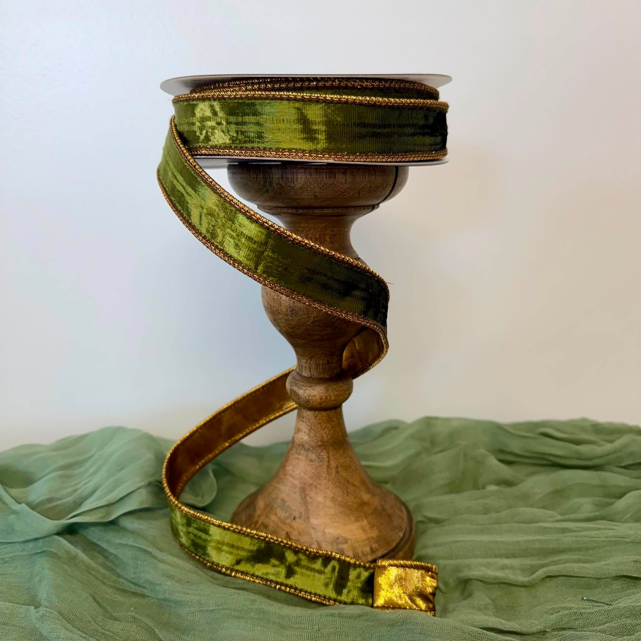 1 Inch 10 Yard Olive Green Velvet Wired Dupion Ribbon with Antique Gold Backing and Gold Braid Edges