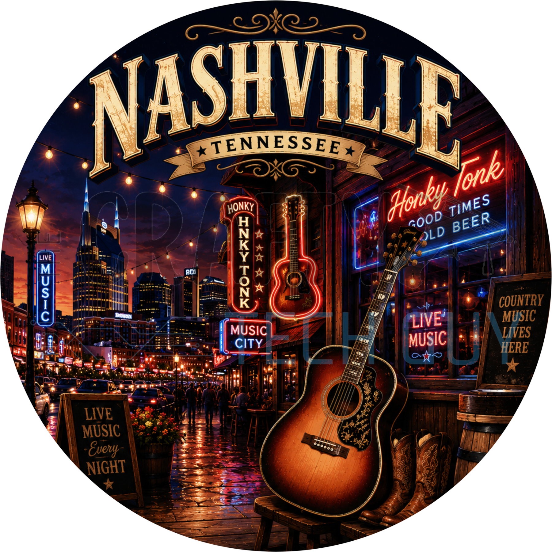 Nashville Tennessee round wreath sign with a neon-lit Broadway street at night, sunburst guitar, cowboy boots and the city skyline