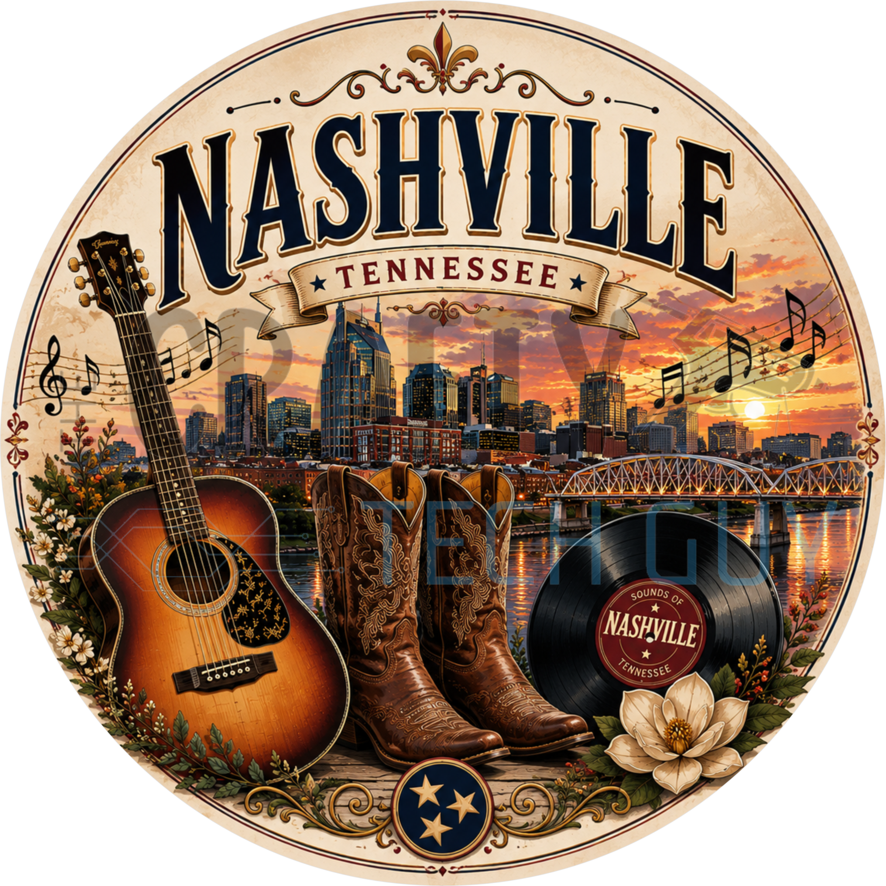 Nashville Tennessee round wreath sign on a cream vintage label with a guitar, cowboy boots, vinyl record and the skyline