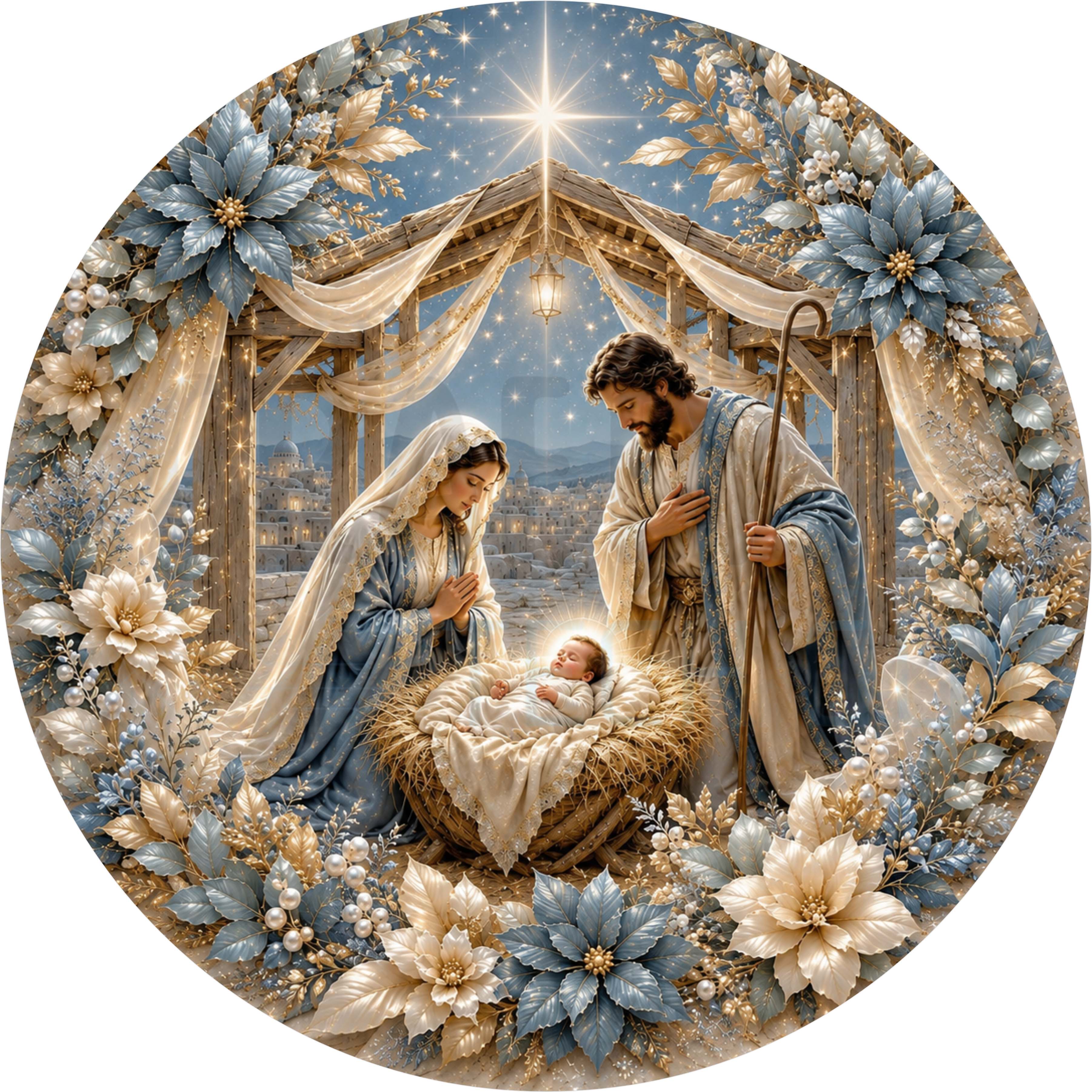 Nativity round Christmas wreath sign in coated aluminum, showing Mary and Joseph at the manger under a radiant star, framed by blue and gold poinsettias