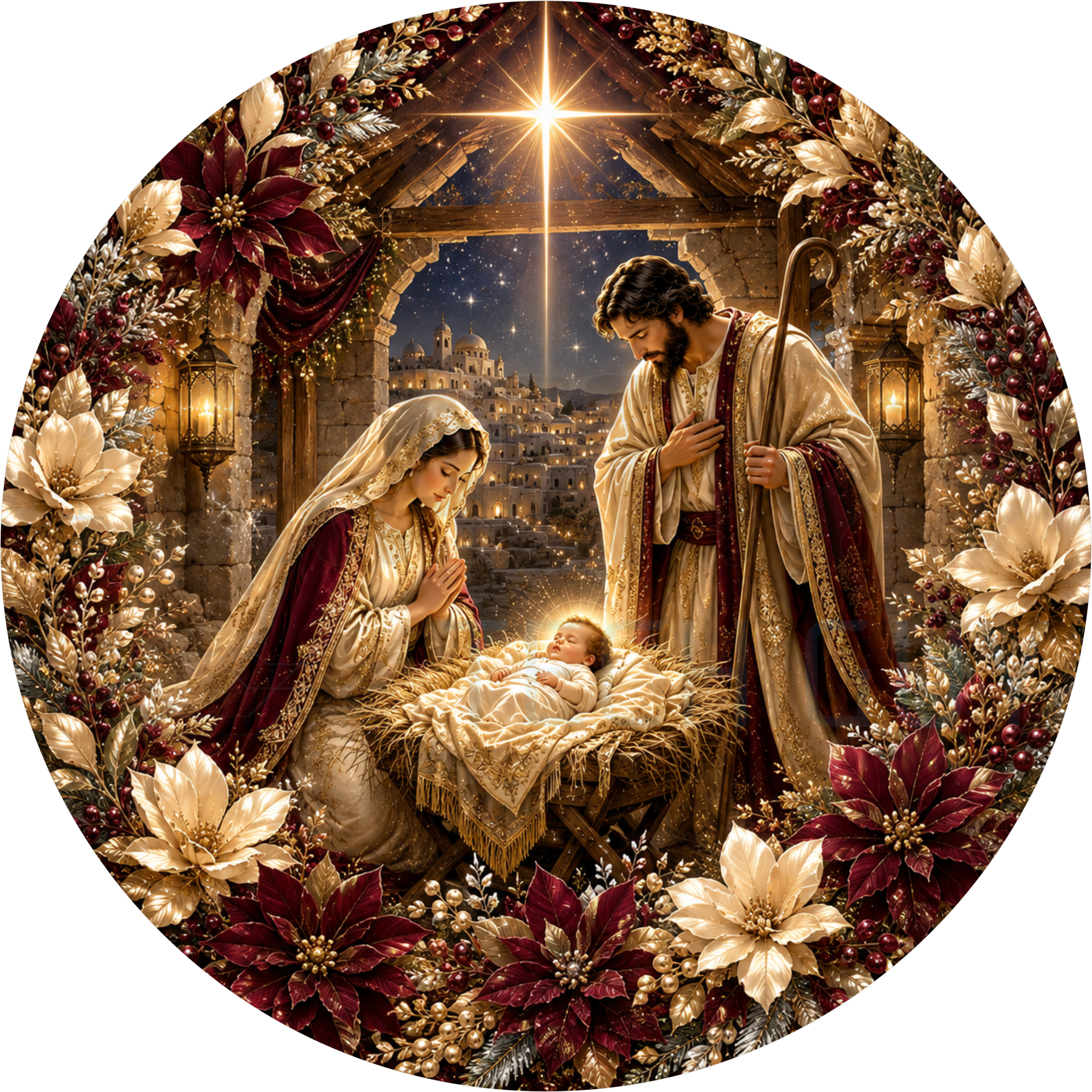 Nativity round Christmas wreath sign in coated aluminum, showing Mary and Joseph at the manger under the star, framed by burgundy and gold poinsettias