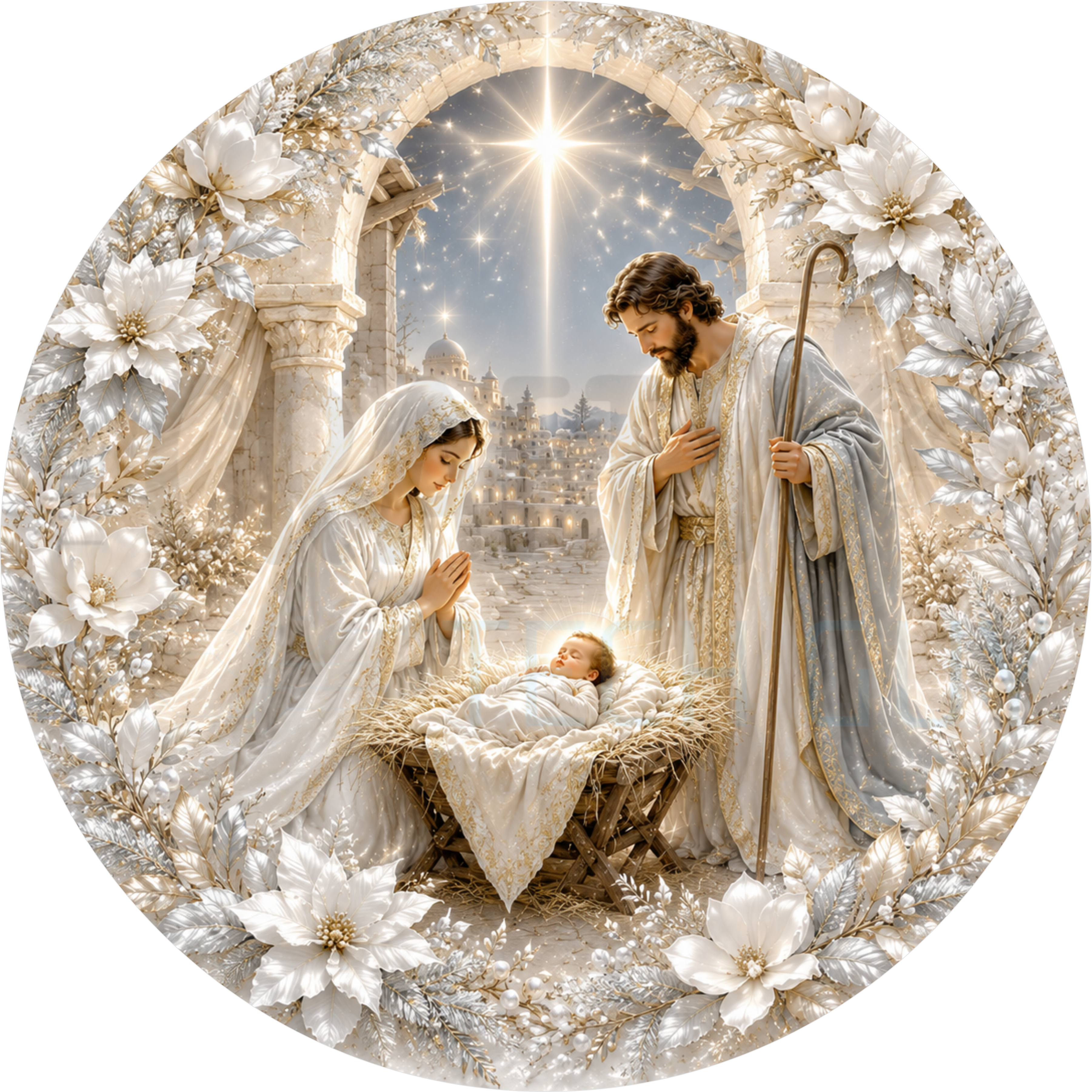 Nativity round Christmas wreath sign in coated aluminum, showing Mary, Joseph and the manger under a radiant star framed by white and gold poinsettias