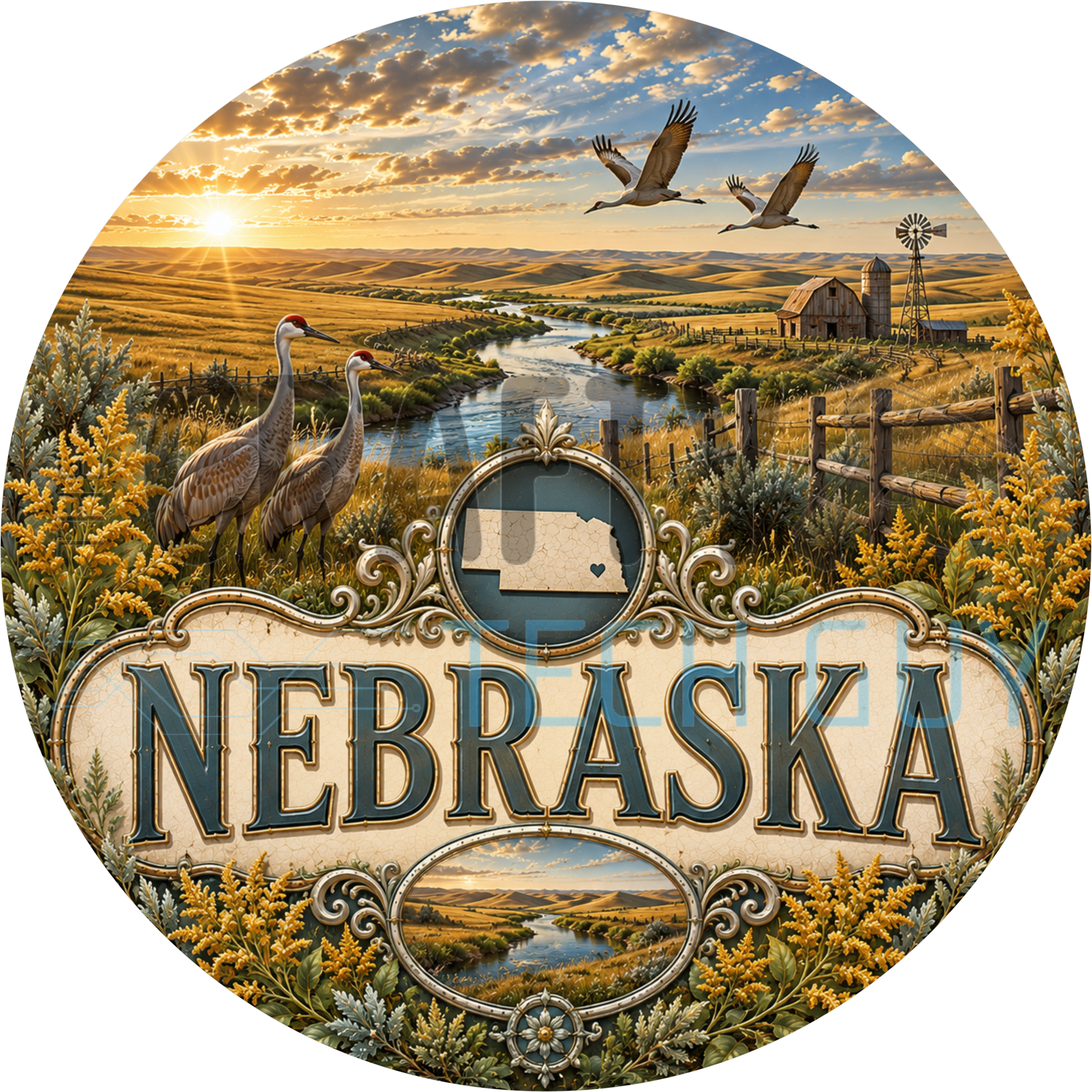 Nebraska round wreath sign in coated aluminum, showing goldenrod, sandhill cranes over prairie grass and a red barn