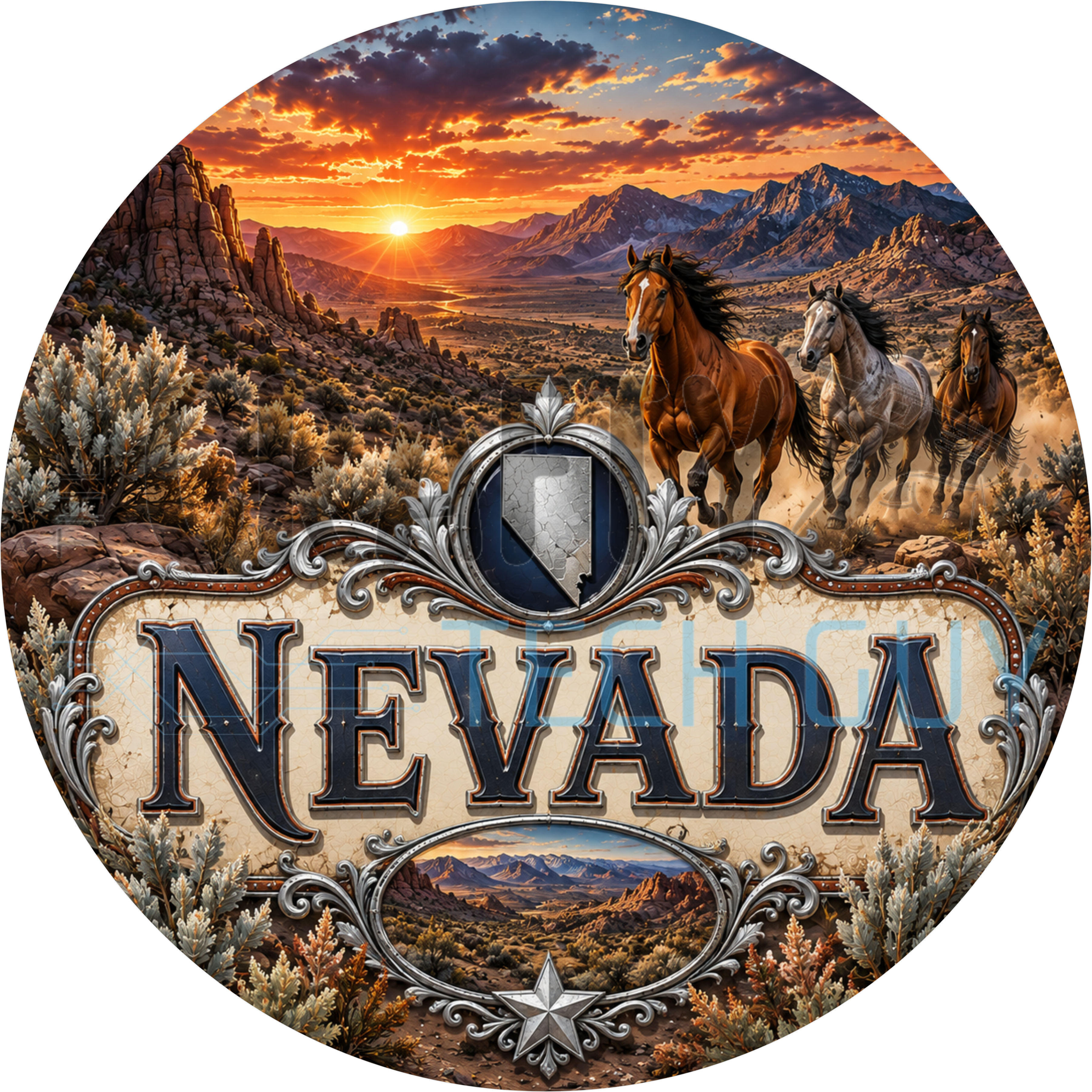 Nevada round wreath sign in coated aluminum, showing wild mustang horses running through sagebrush below desert mountains