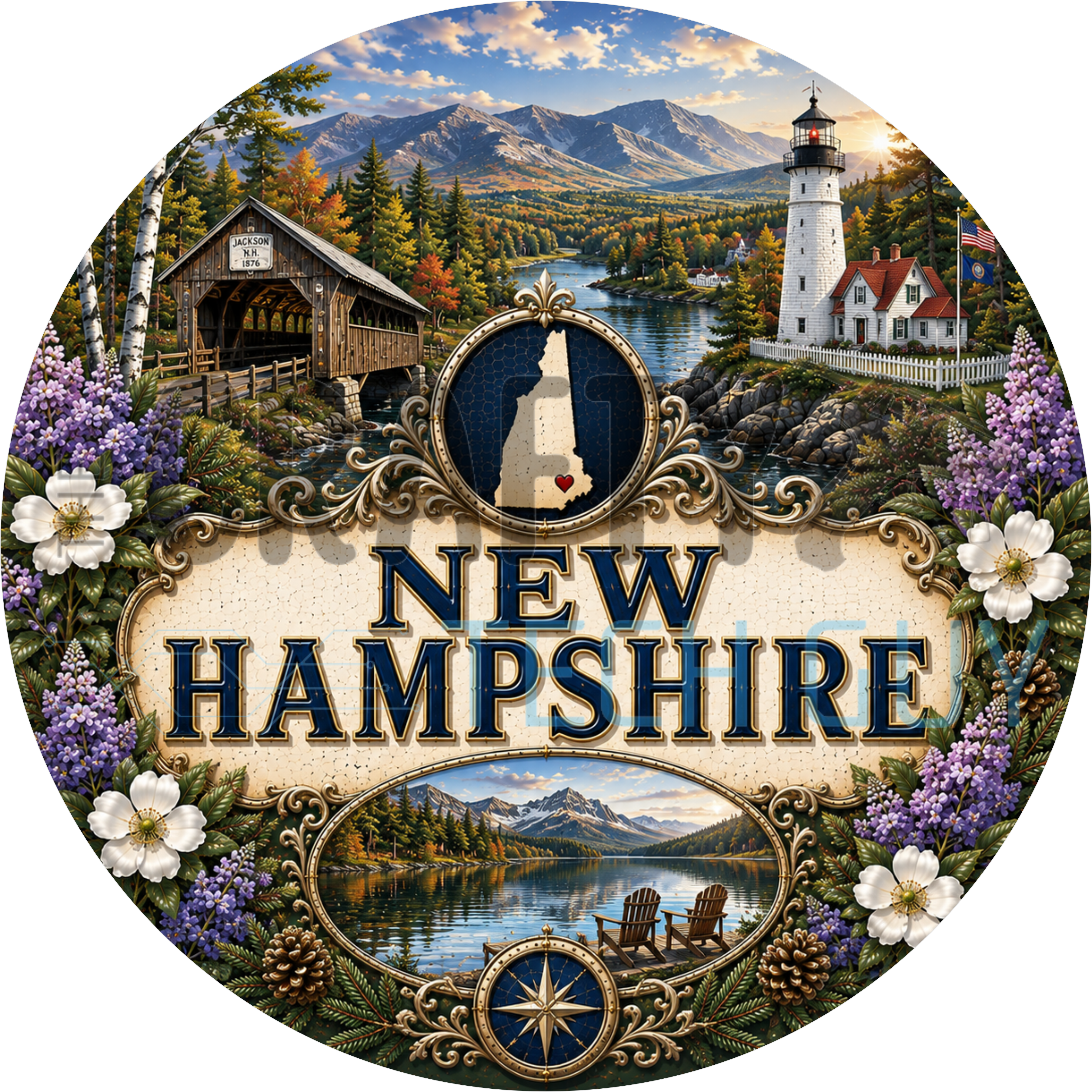 New Hampshire round wreath sign in coated aluminum, showing purple lilacs, a red covered bridge and the White Mountains
