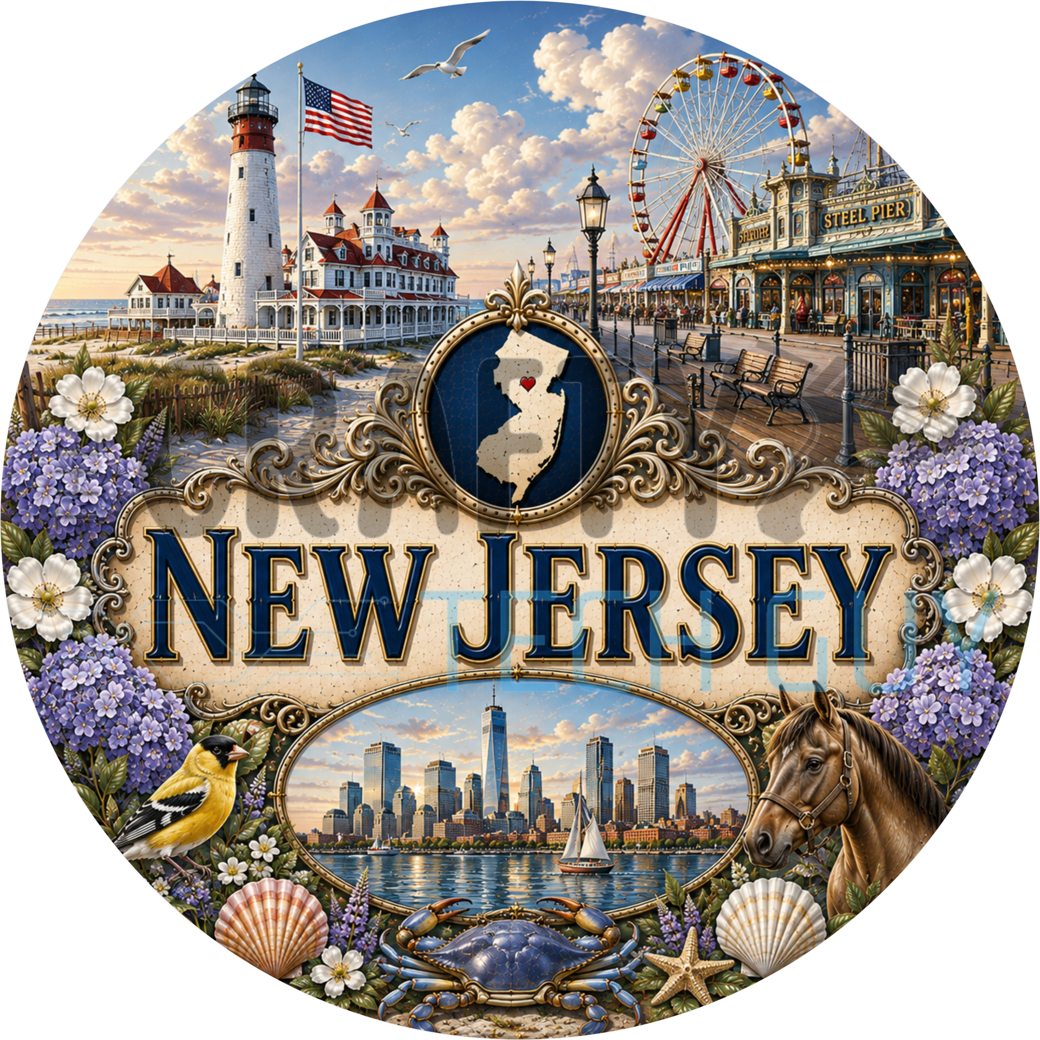 New Jersey round wreath sign in coated aluminum, showing a shore boardwalk, a striped lighthouse, a goldfinch and blue hydrangeas