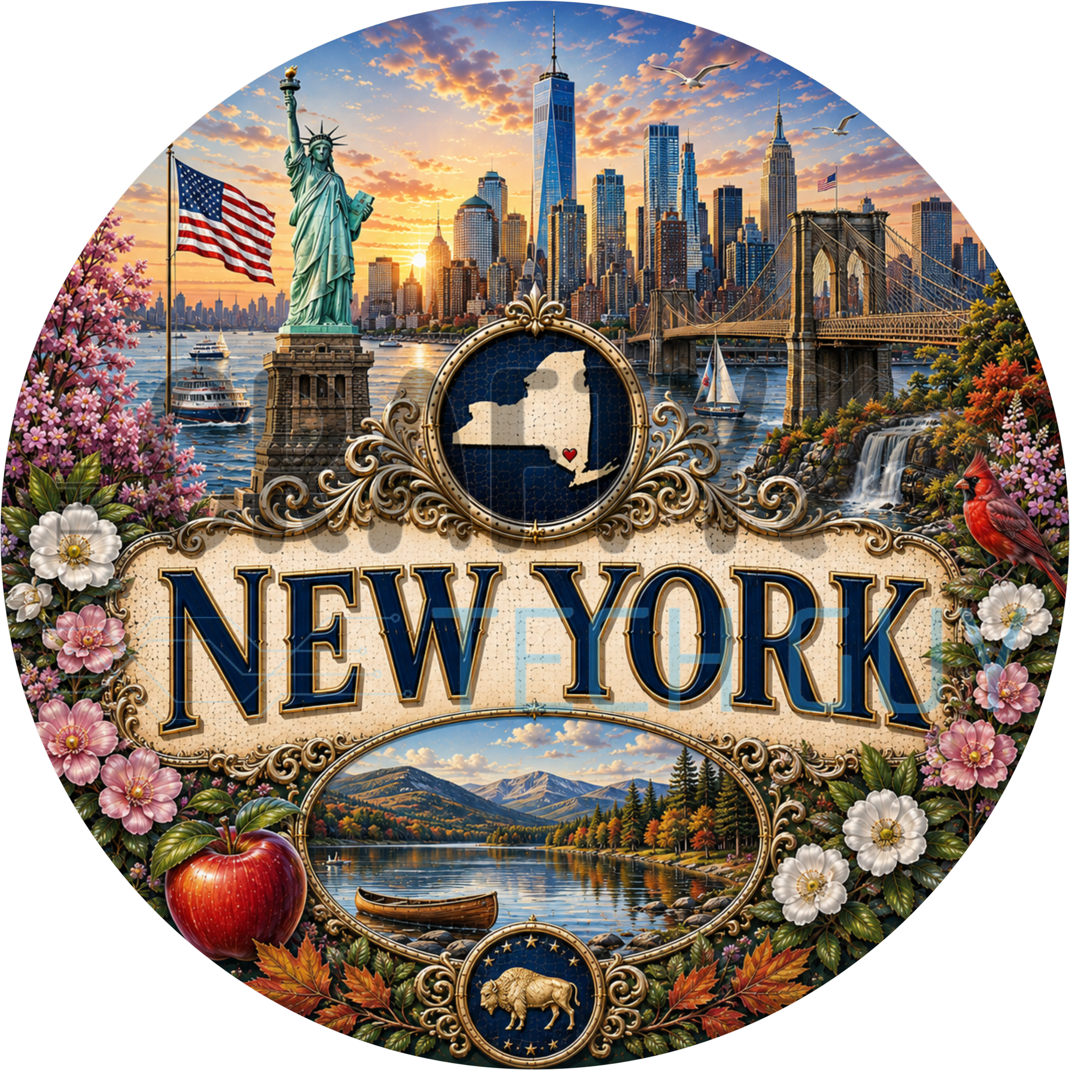 New York round wreath sign in coated aluminum, showing the Statue of Liberty, the Manhattan skyline and a red cardinal