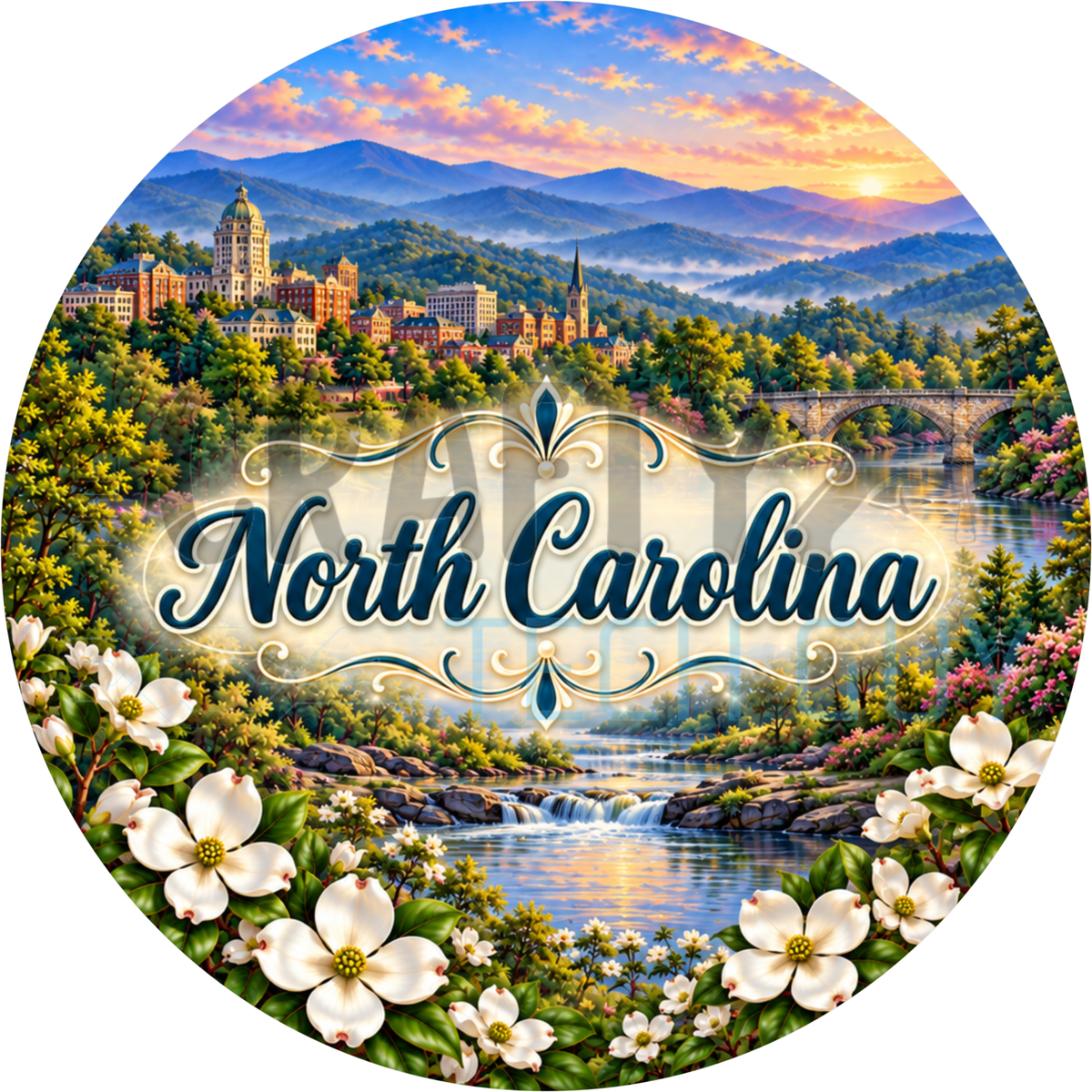 Round North Carolina state wreath sign with navy script lettering over the Blue Ridge Mountains, a river waterfall and white dogwood flowers