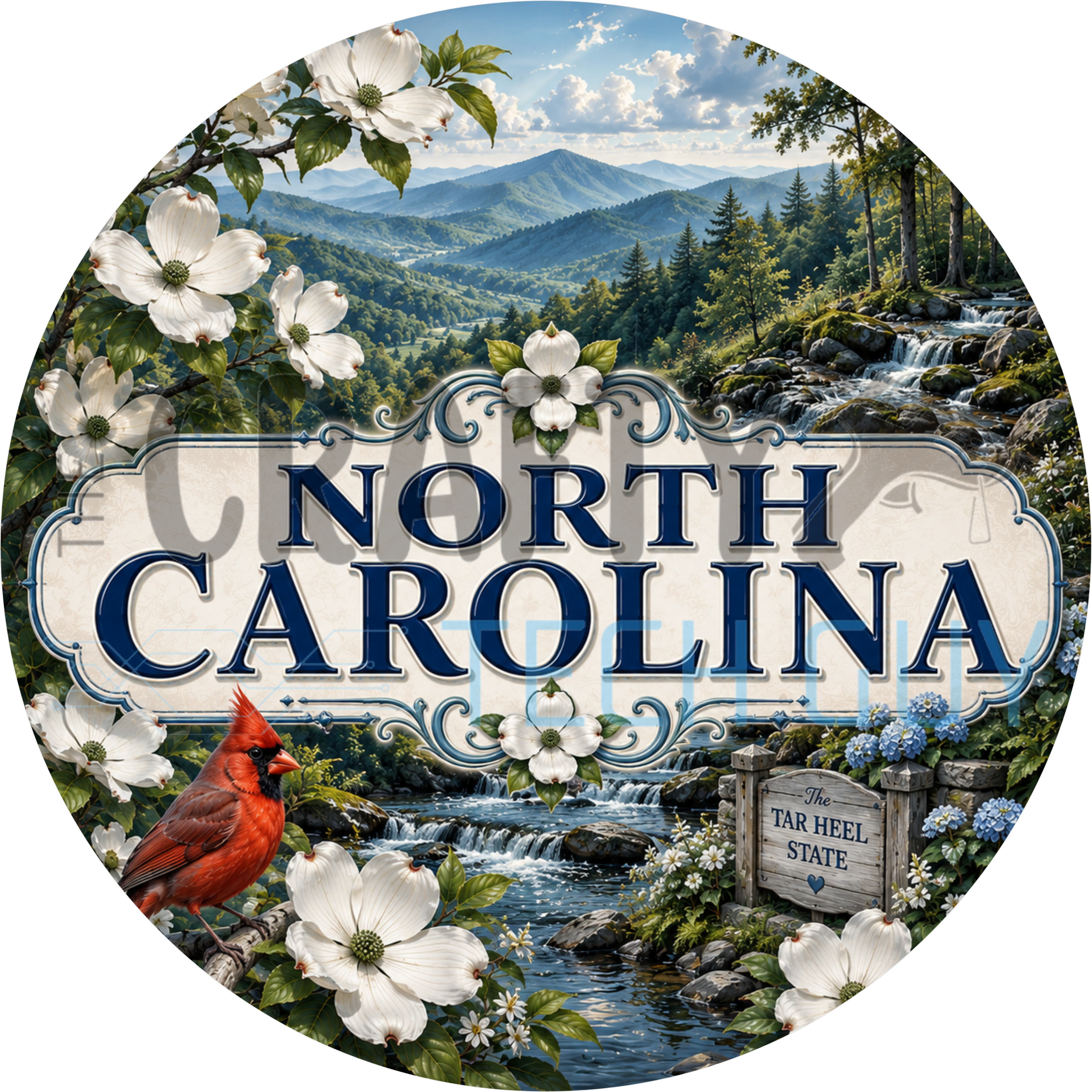 North Carolina round wreath sign in coated aluminum, showing white dogwood blossoms and a red cardinal