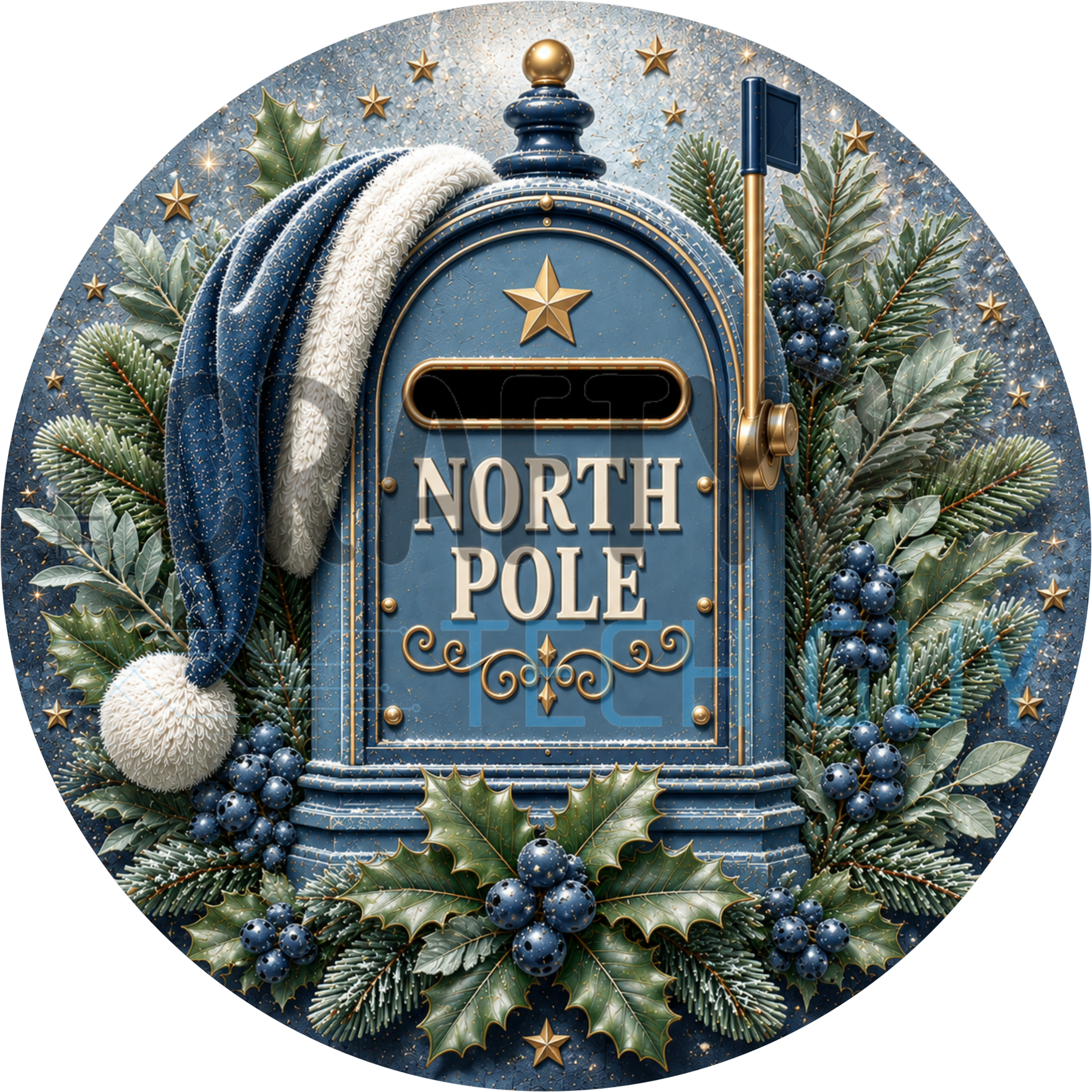 North Pole mailbox round sign with soft blue mailbox, blue Santa hat, frosted eucalyptus, blue berries and gold stars on snowy navy