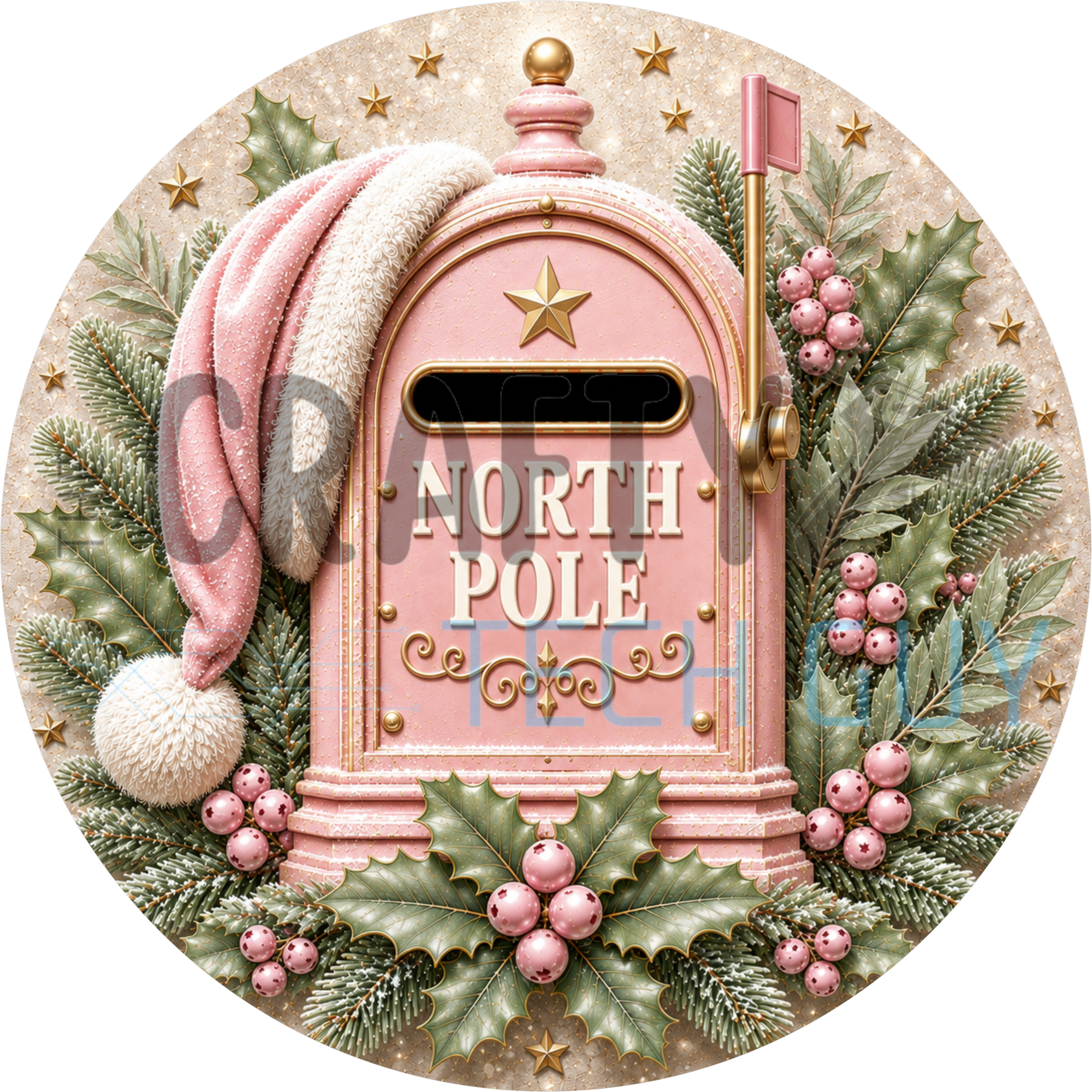 North Pole mailbox round sign with blush pink mailbox, pink Santa hat, sage holly leaves, pink berries and gold stars on cream