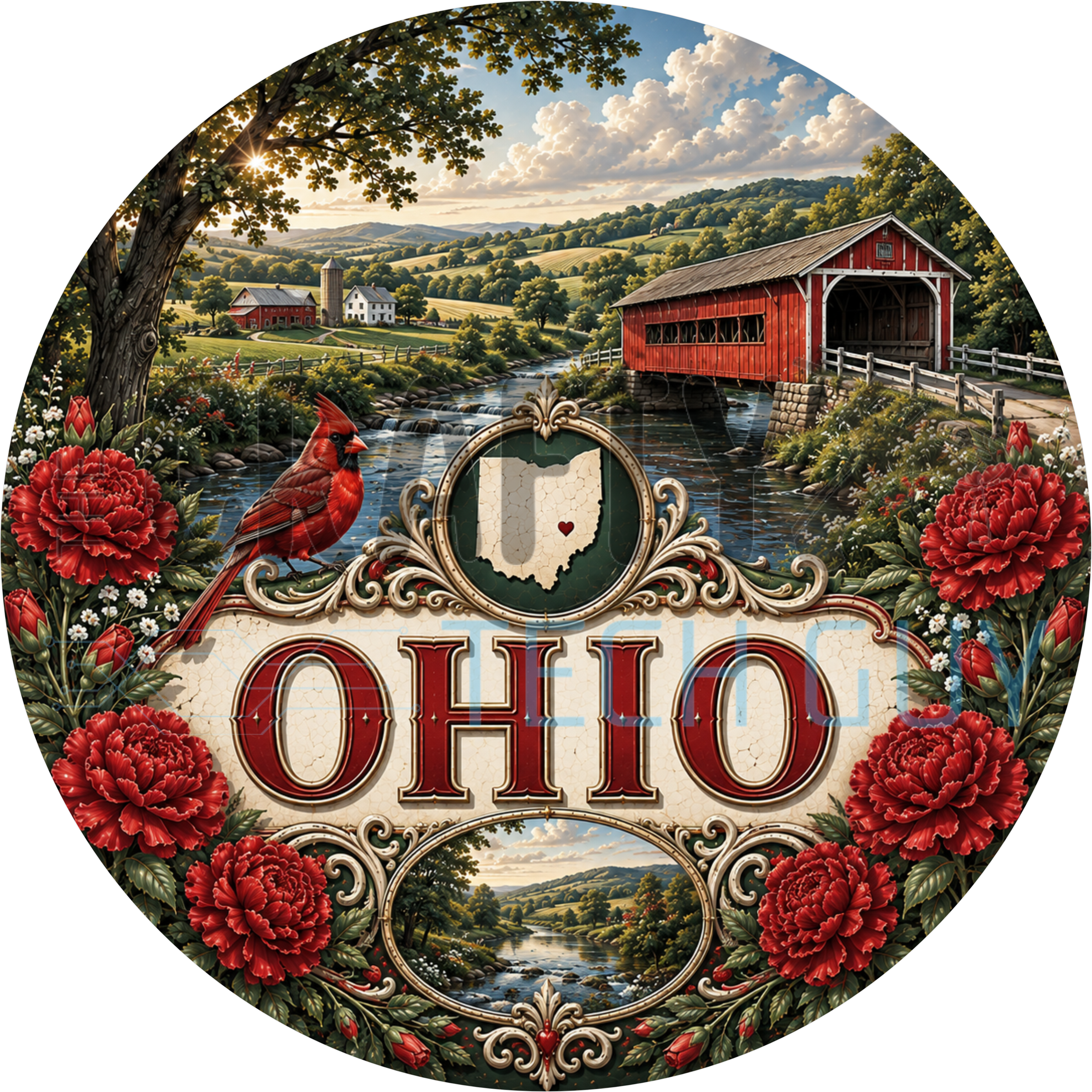 Ohio round wreath sign in coated aluminum, showing red carnations, a cardinal, a covered bridge and a red barn
