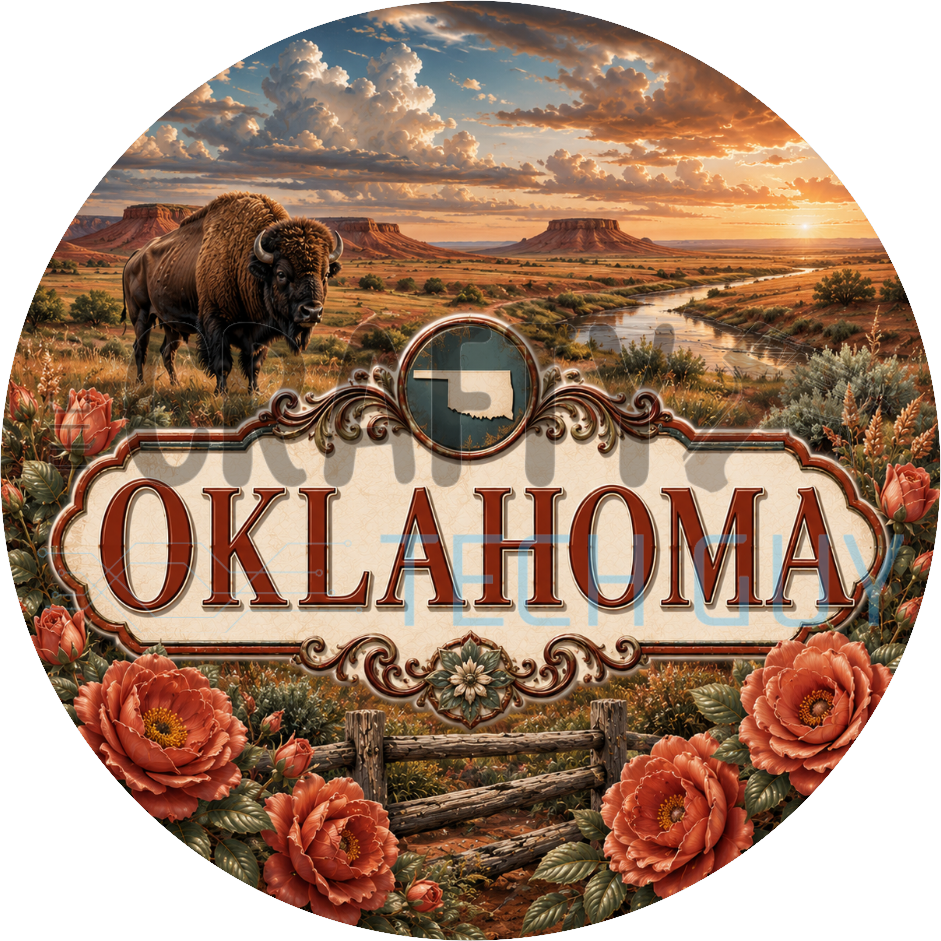 Oklahoma round wreath sign in coated aluminum, showing a red Oklahoma rose, a bison on red-dirt prairie and flat-topped mesas