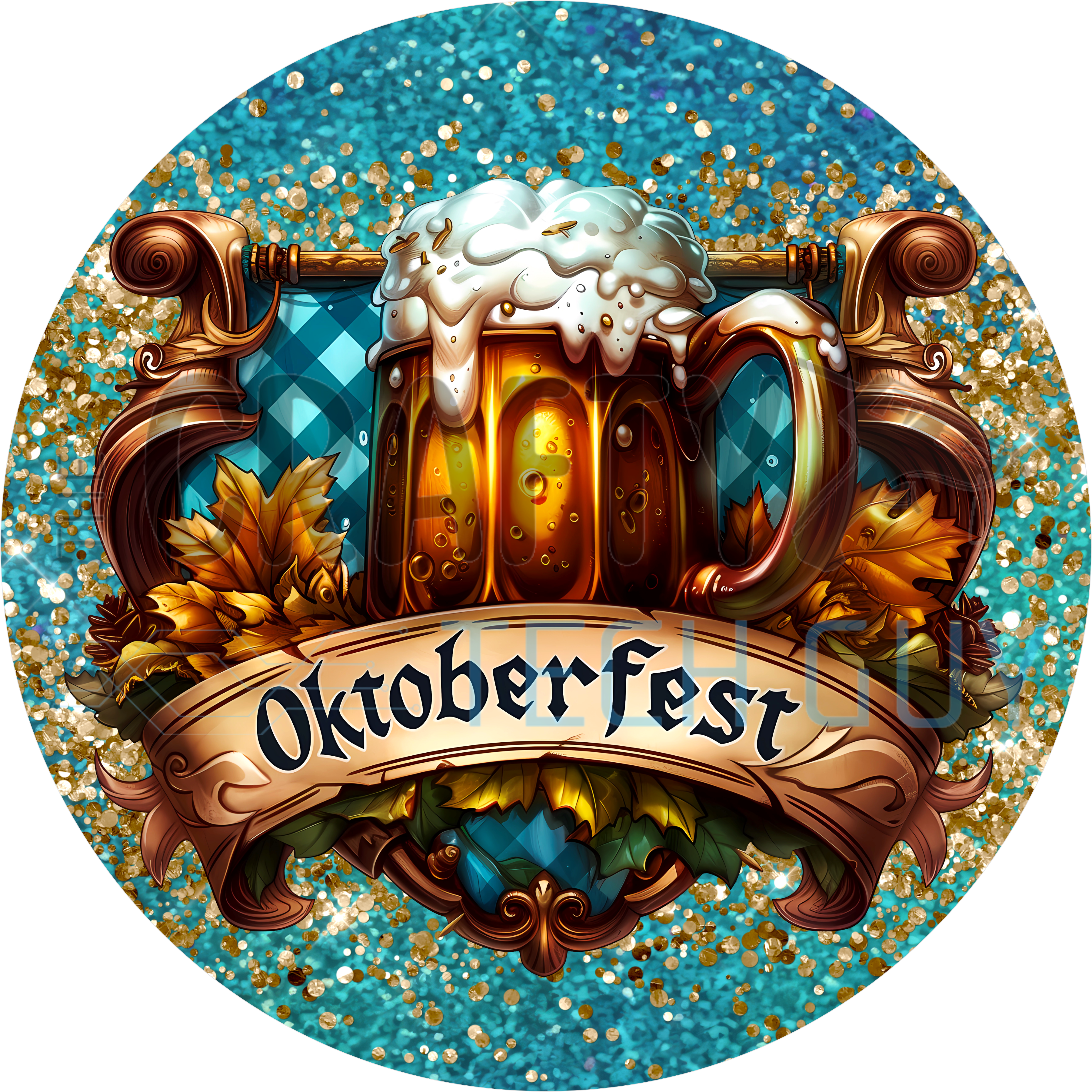 Oktoberfest round sign with frothy beer stein, wooden banner, maple leaves, Bavarian check and teal glitter border
