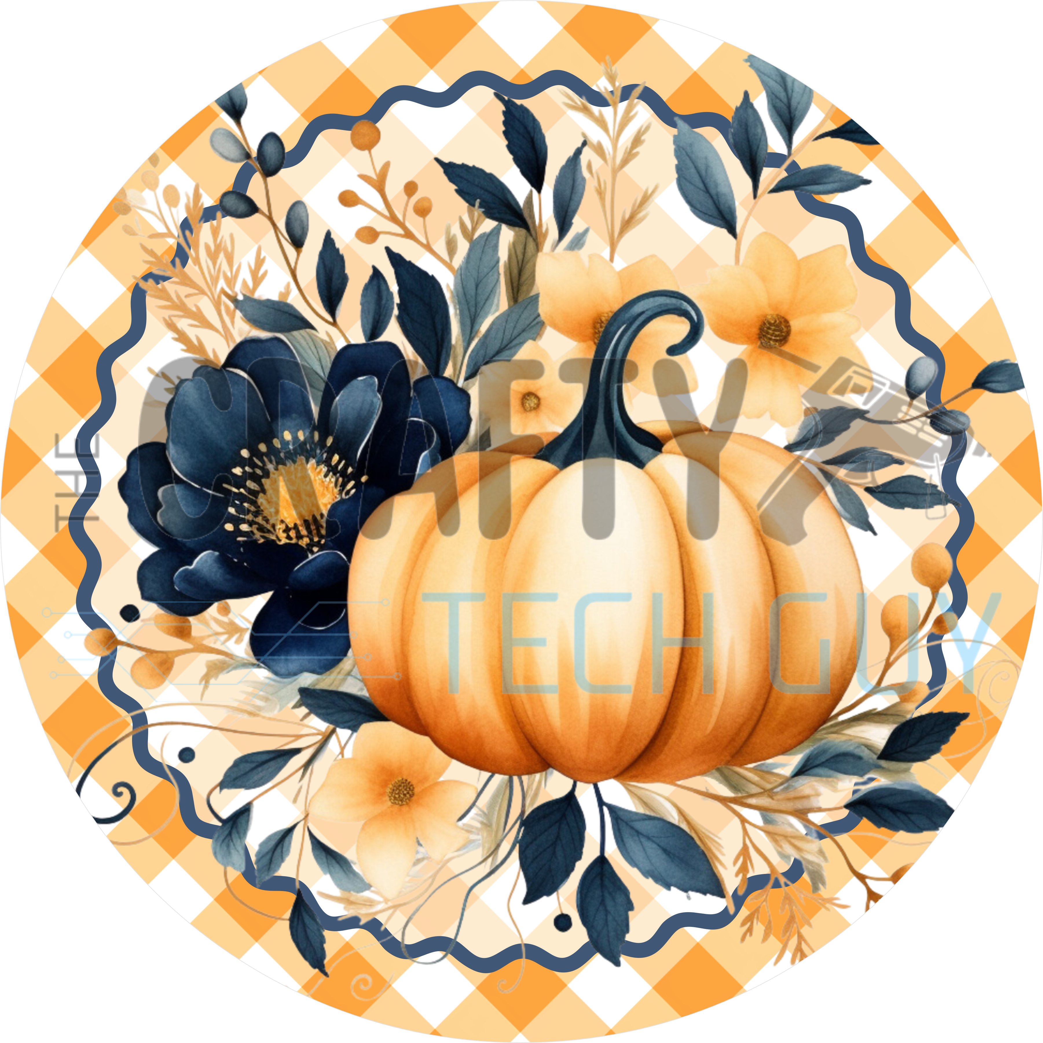 Round fall sign with cream pumpkin, navy anemones and yellow flowers inside a navy scallop on orange gingham