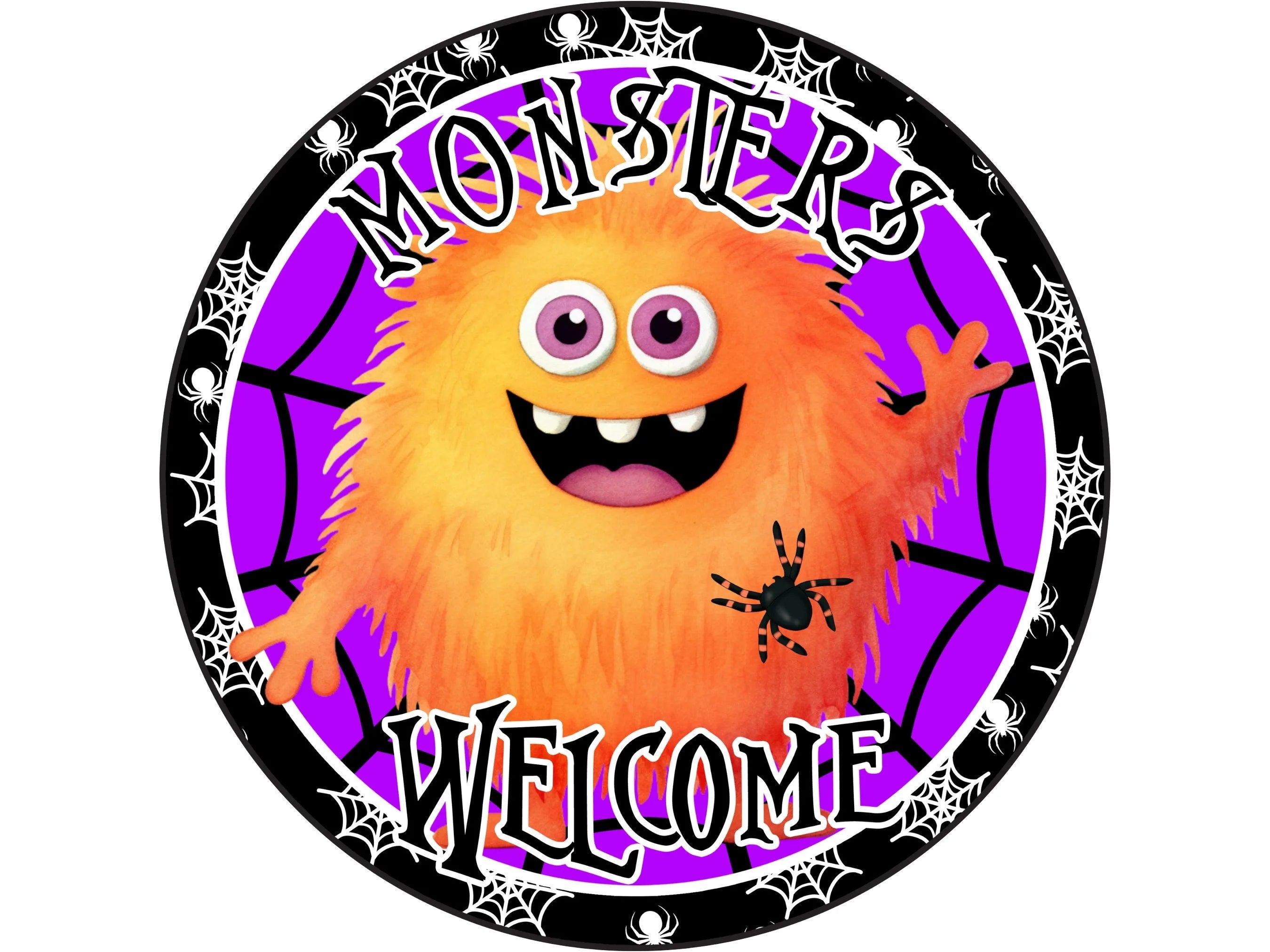 orange furry monster with spiders metal wreath sign, sign for Halloween, sign for October