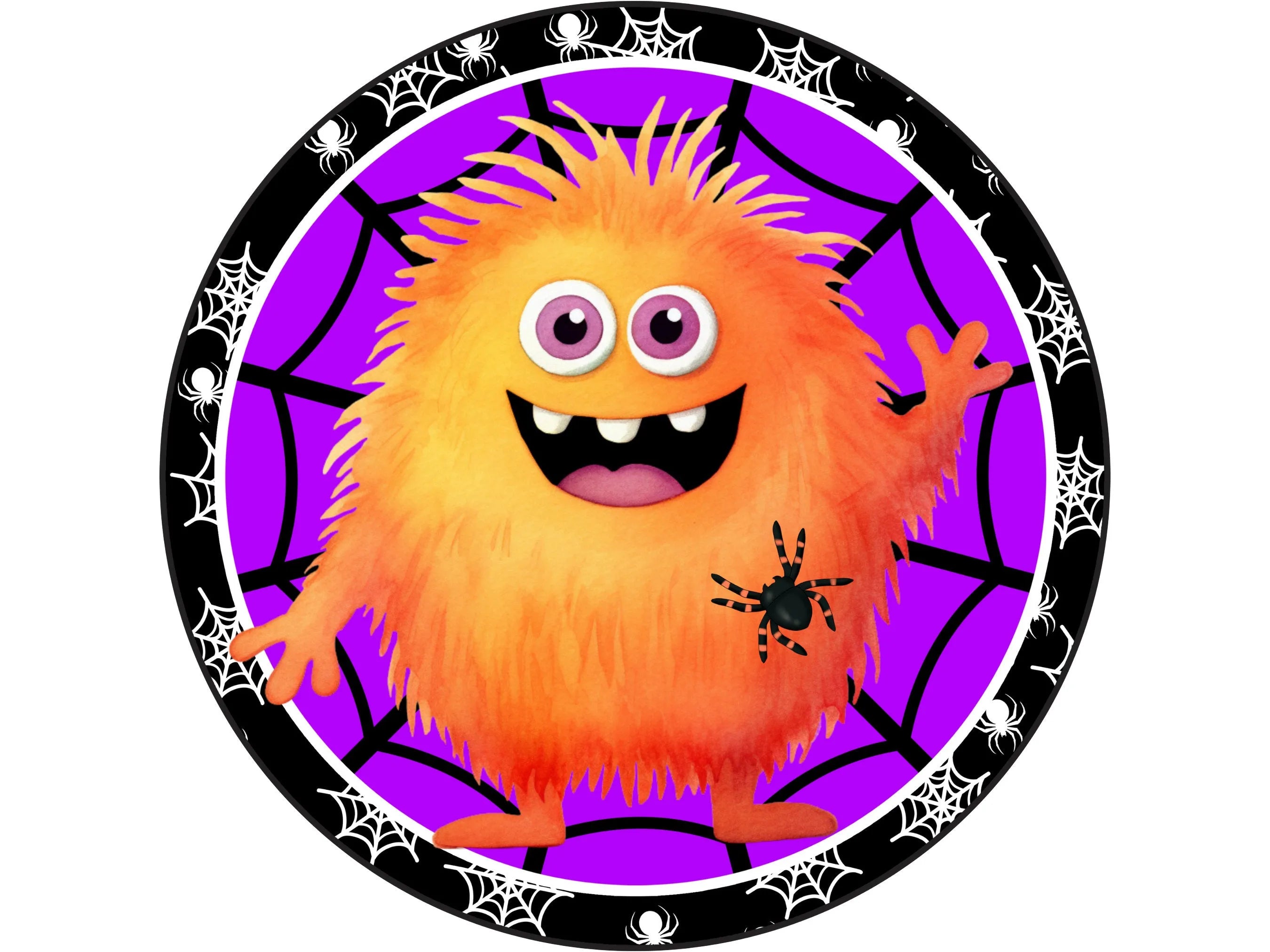 orange furry monster with spiders metal wreath sign, sign for Halloween, sign for October