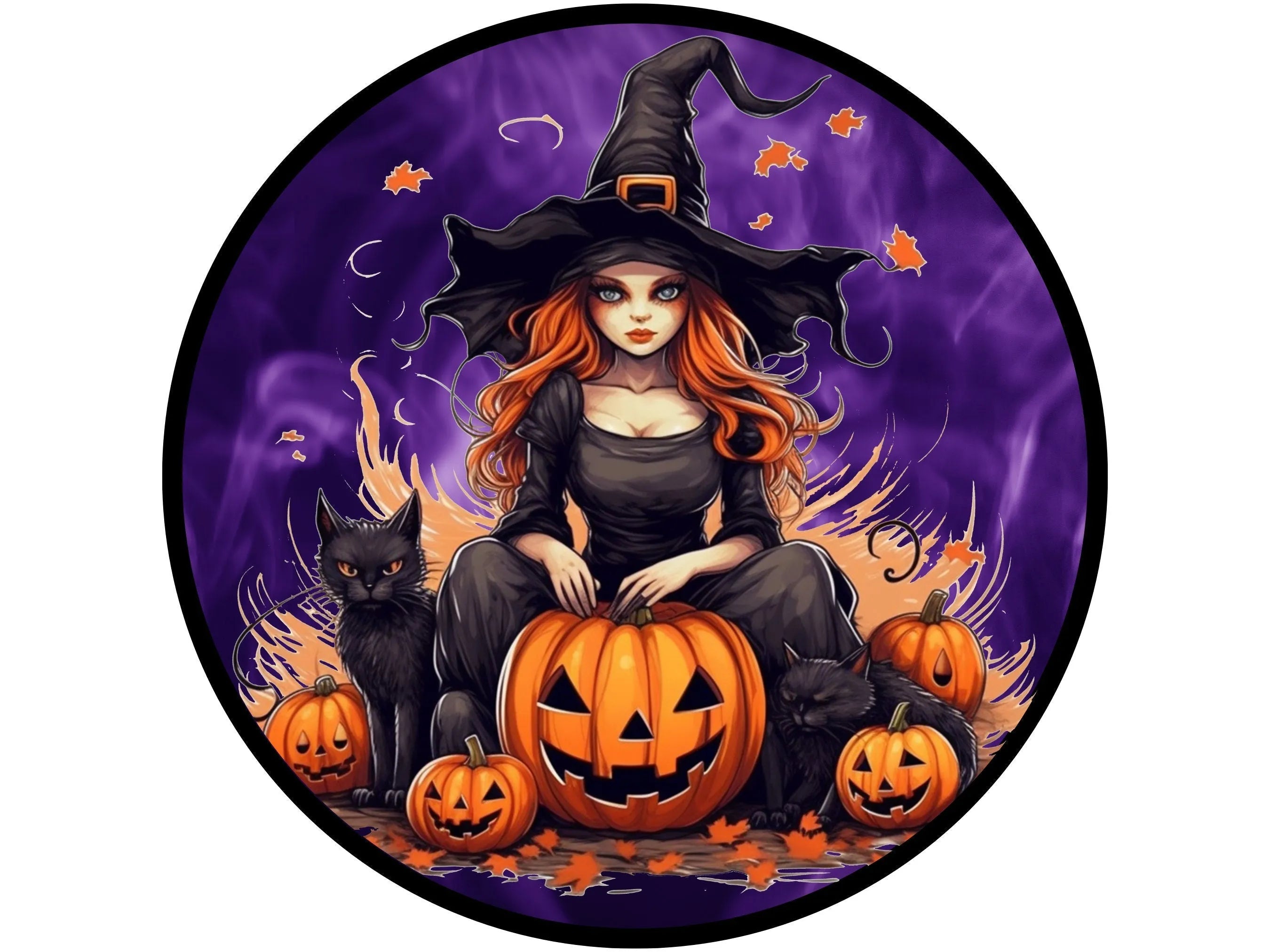 orange hair witch with black cat and pumpkins sign, purple Halloween witch wreath attachment