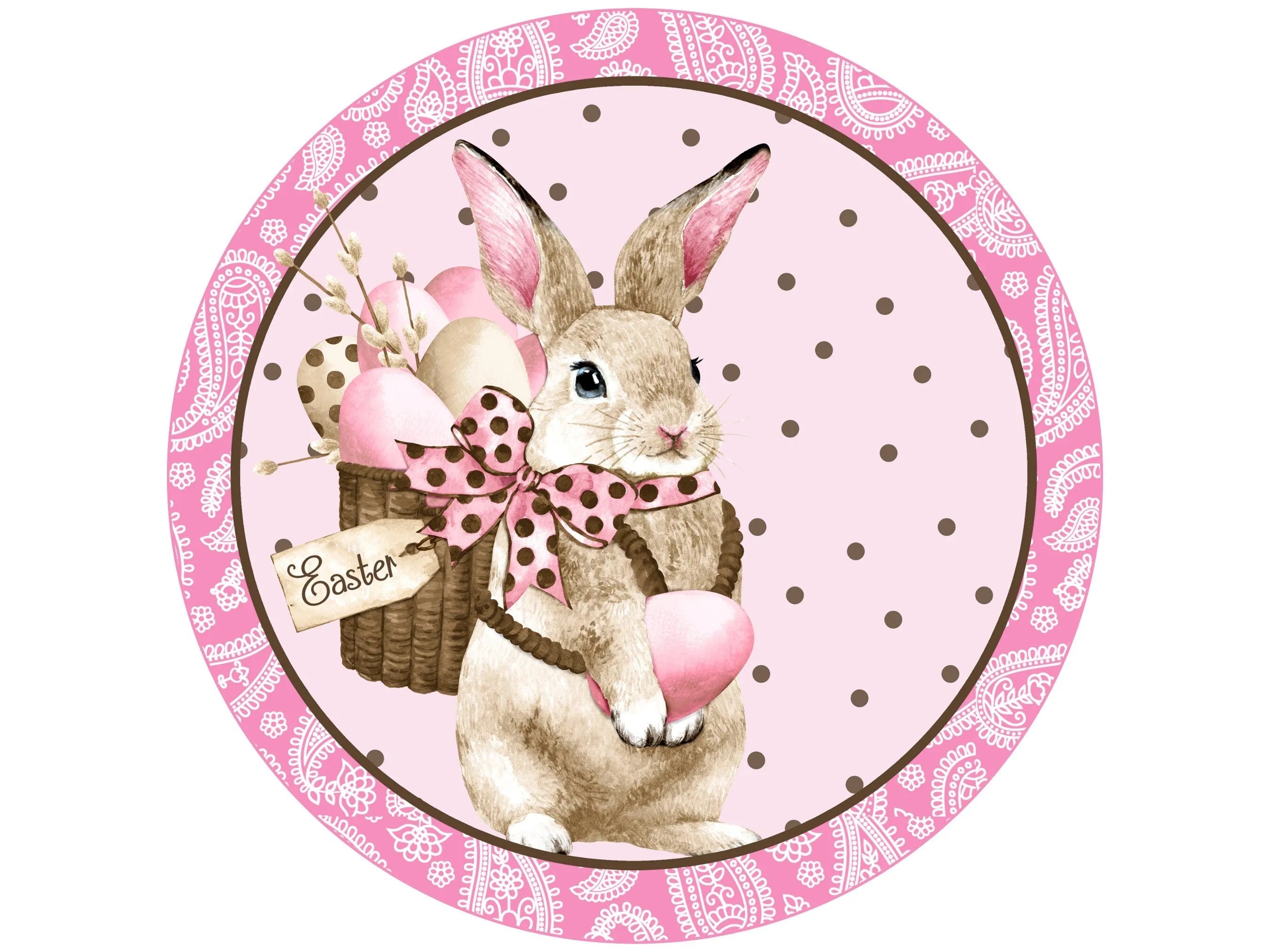 paisley Easter bunny basket wreath sign, Easter bunny holding eggs wall art, Easter greetings front door sign