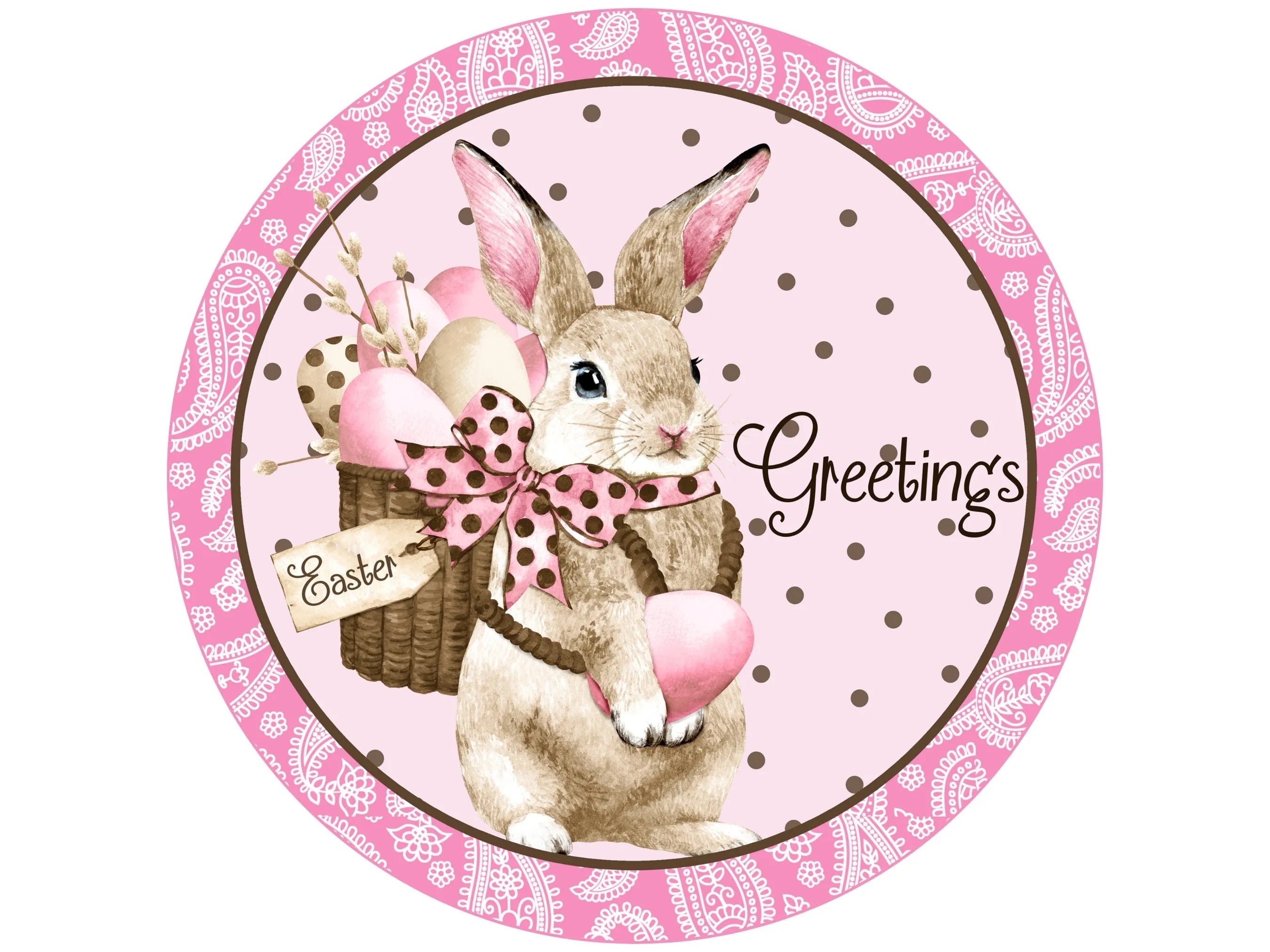 paisley Easter bunny basket wreath sign, Easter bunny holding eggs wall art, Easter greetings front door sign