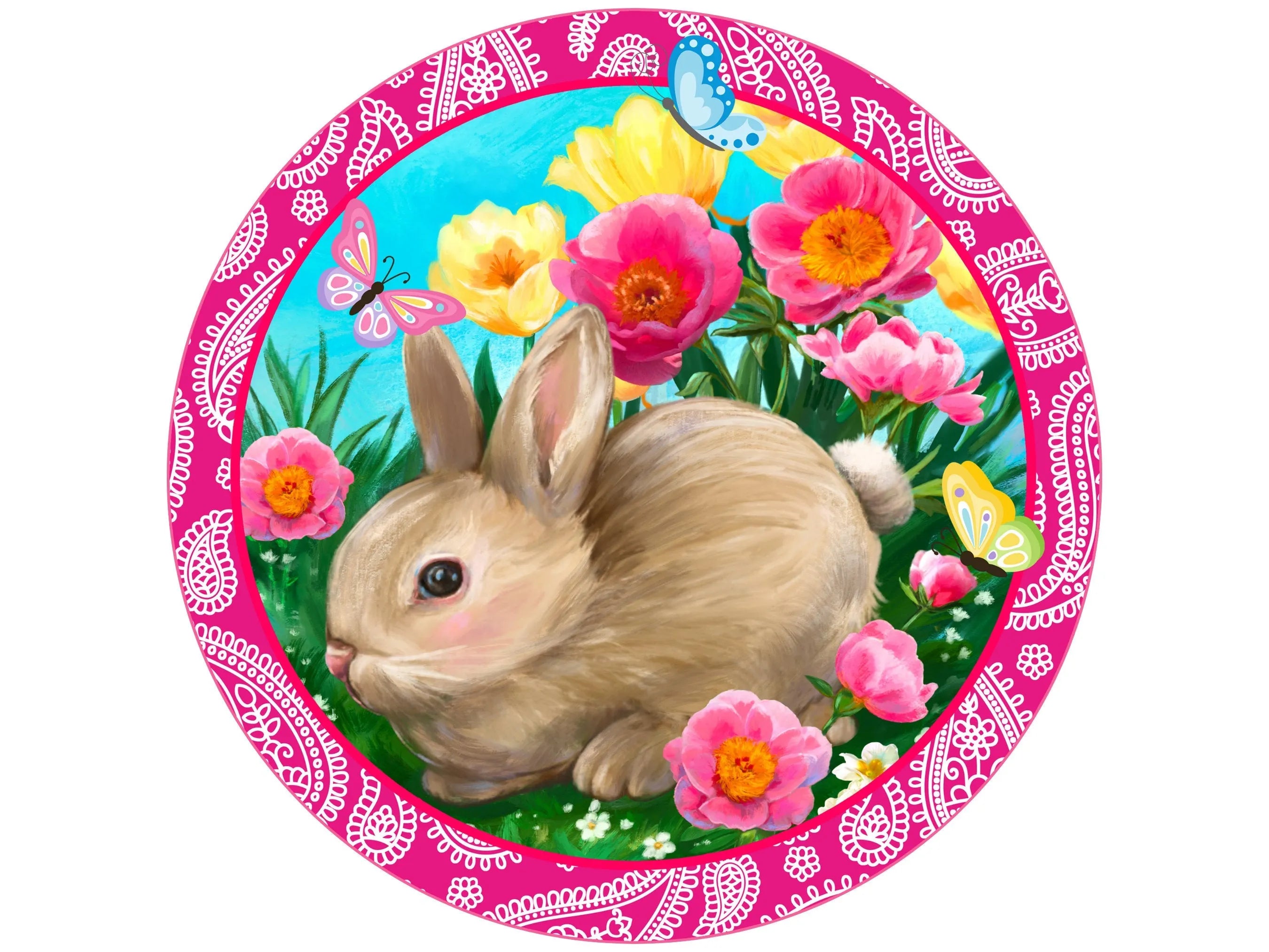 paisley Easter bunny with flowers wreath sign, Easter bunny sitting in grass with flowers wall art, hot pink paisley Easter front door sign