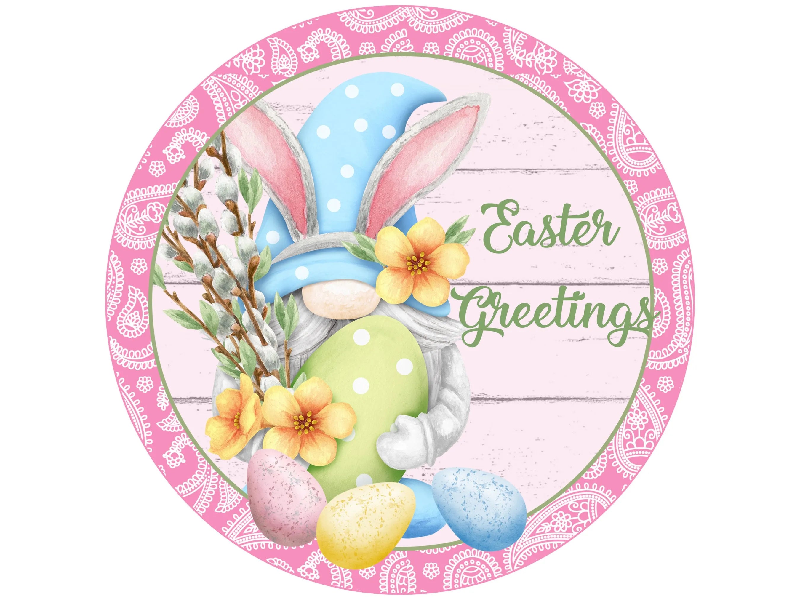 paisley gnome Easter bunny wreath sign, floral gnome Easter bunny holding eggs wall art, Gnome bunny Easter egg hunt