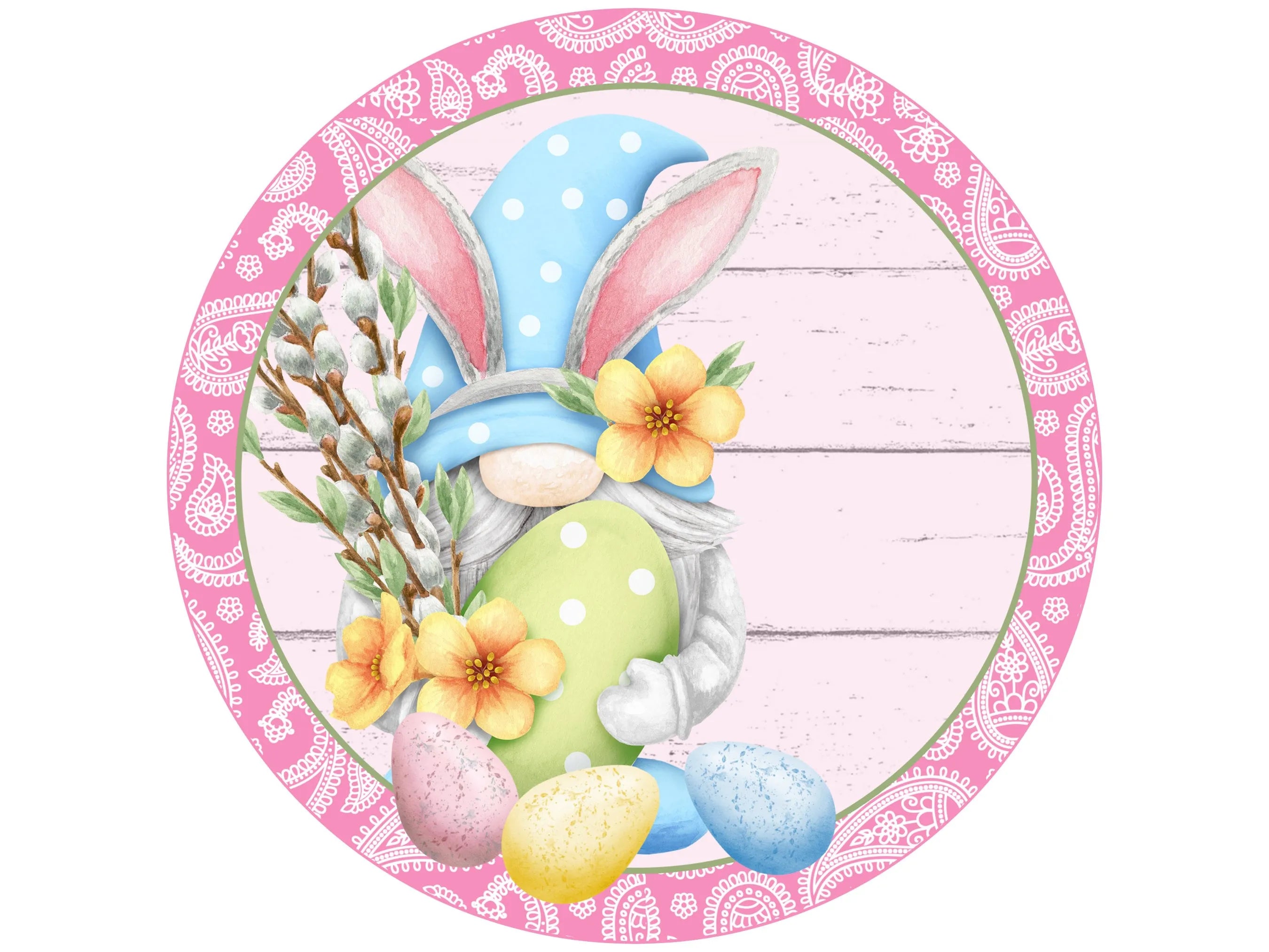 paisley gnome Easter bunny wreath sign, floral gnome Easter bunny holding eggs wall art, Gnome bunny Easter egg hunt