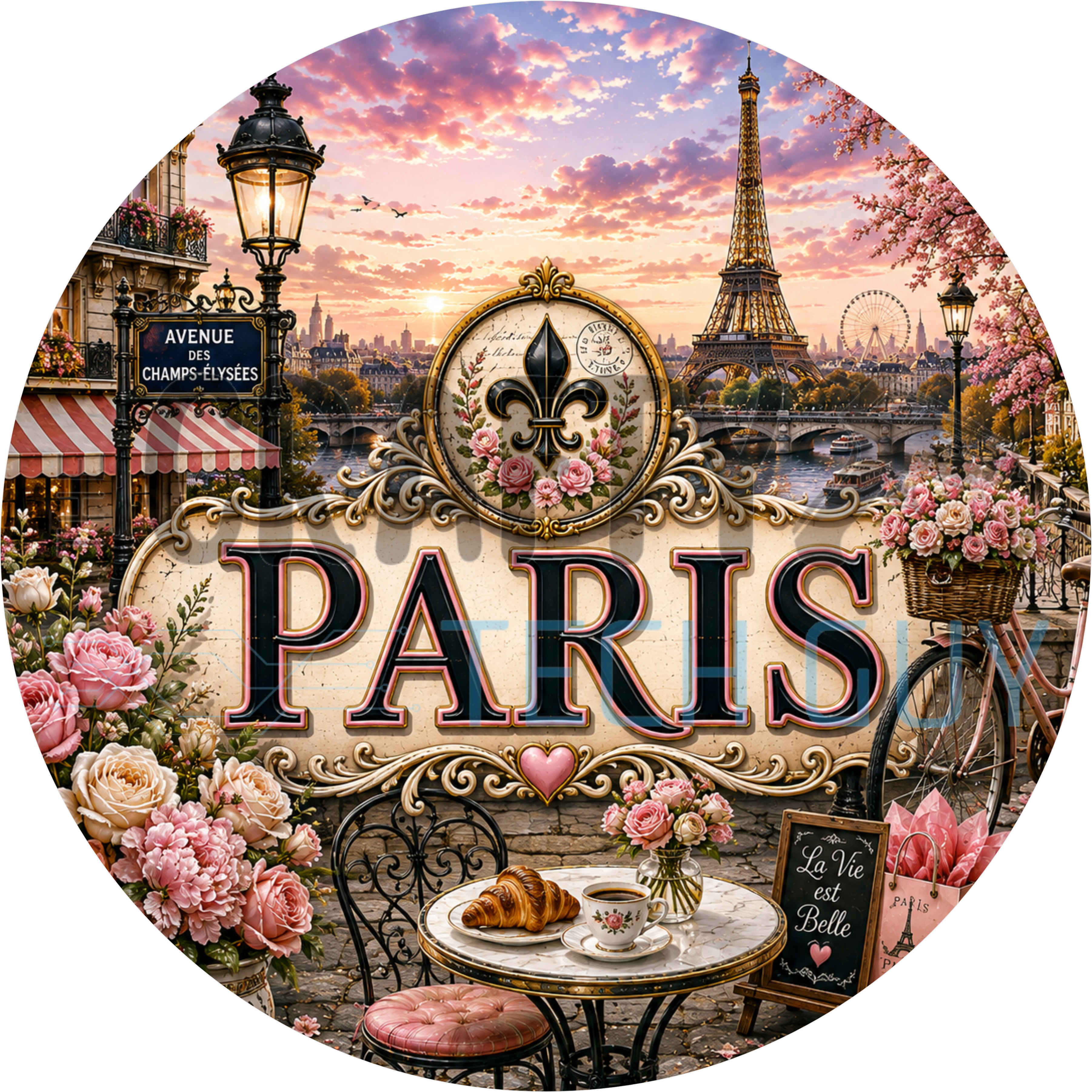Paris round wreath sign in coated aluminum, showing the Eiffel Tower, a corner cafe, a vintage bicycle and pink roses