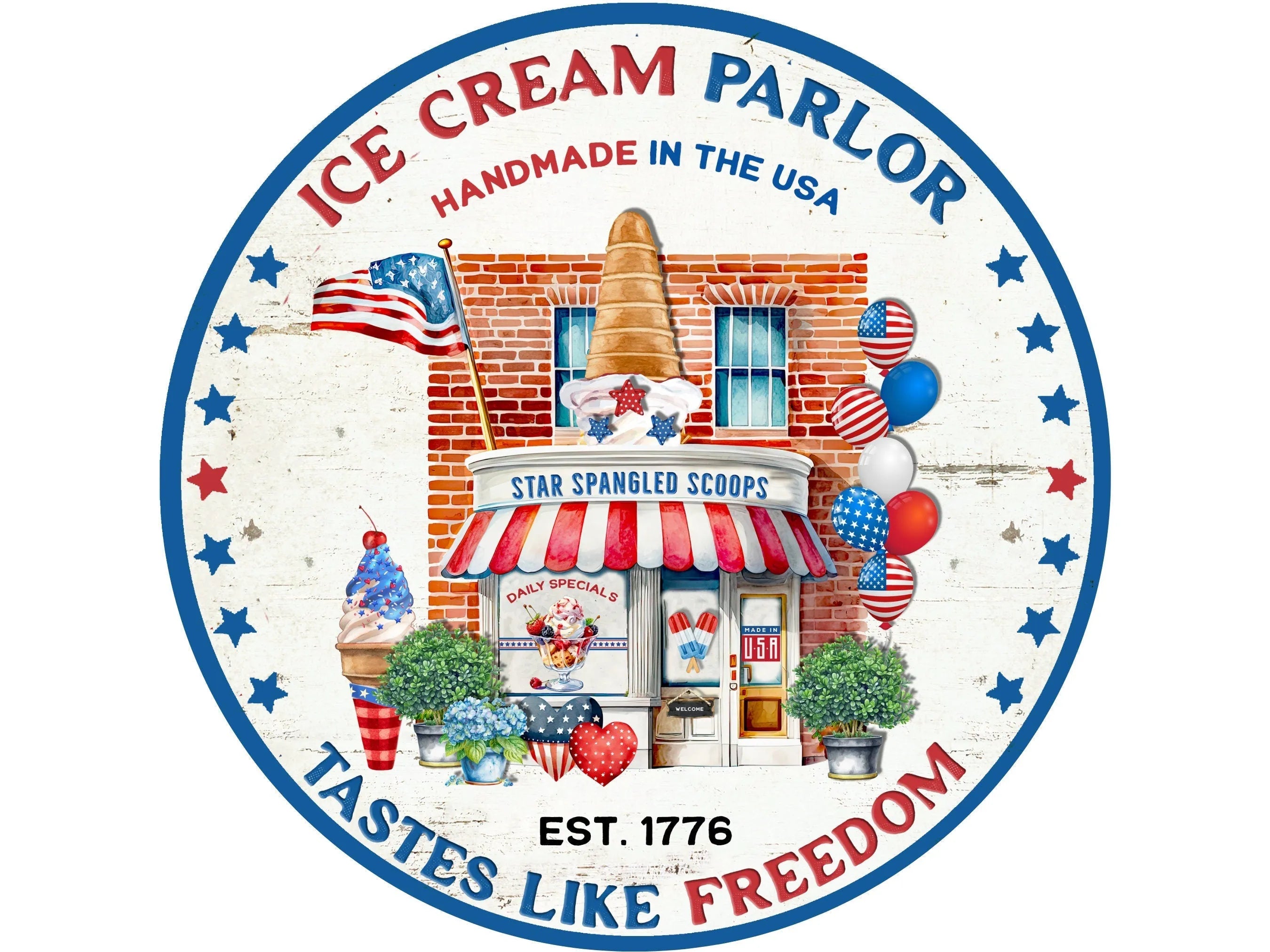 patriotic 4th of July ice cream parlor wreath sign, stars and stripes farmhouse all American wall art, American ice cream café sign