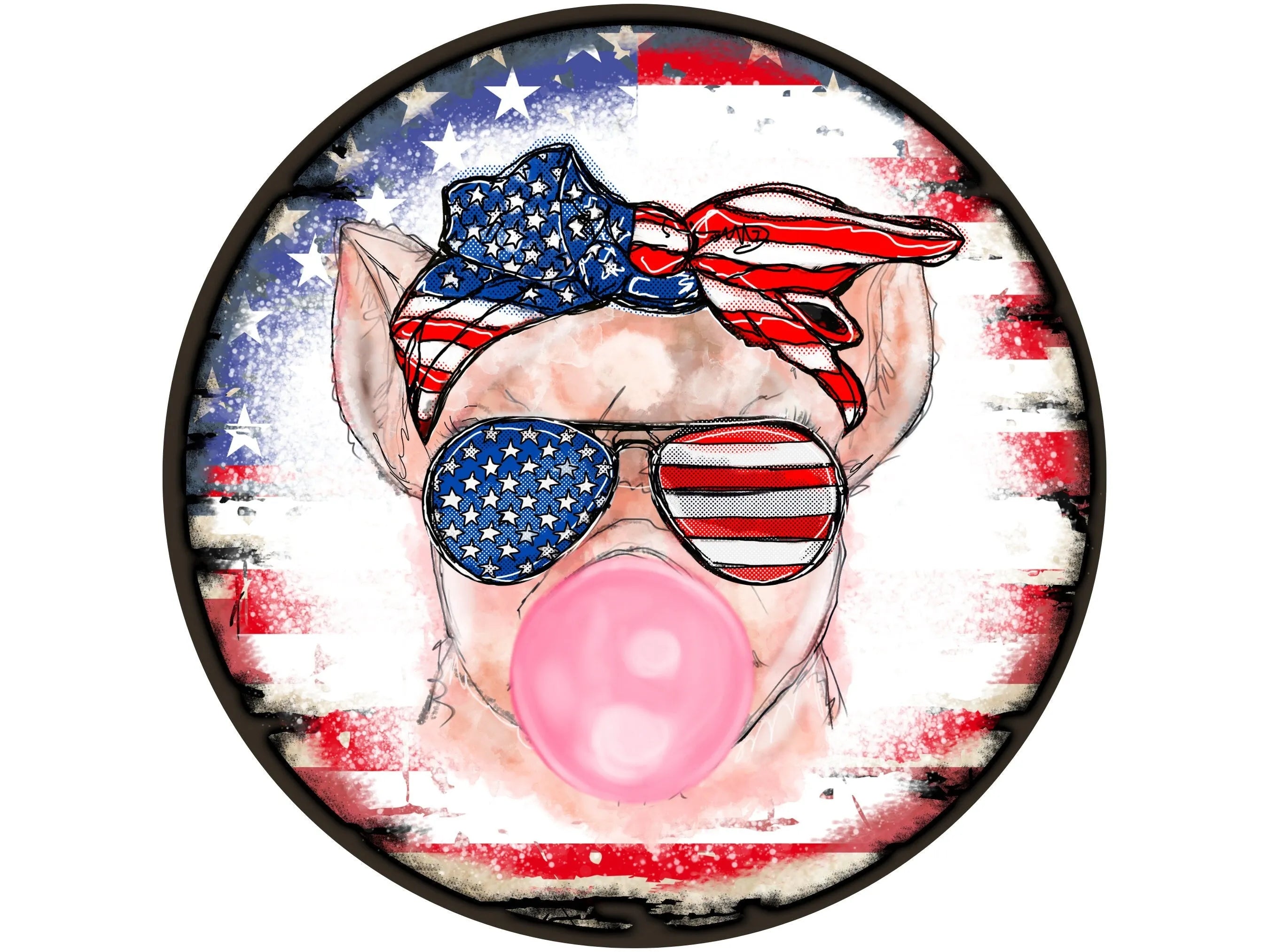 patriotic pig blowing bubble gum wreath sign, pig sign, USA pig sign, red, white and blue pig sign